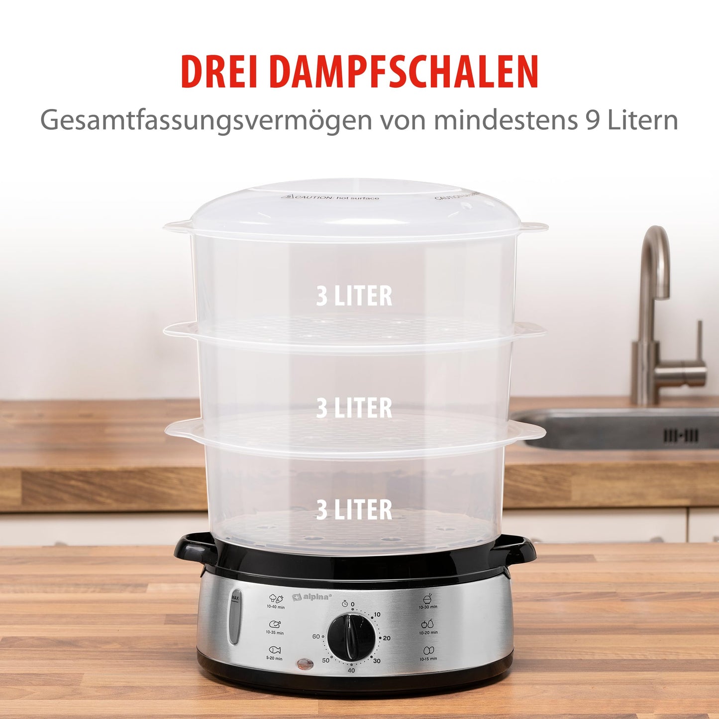 Alpina steamer - steam engine 230V/800W - 3 layer pot - BPA free - steam pot dishwasher safe - ready for use in 0 to 60 minutes - 9 liter capacity - plastic/stainless steel - gray