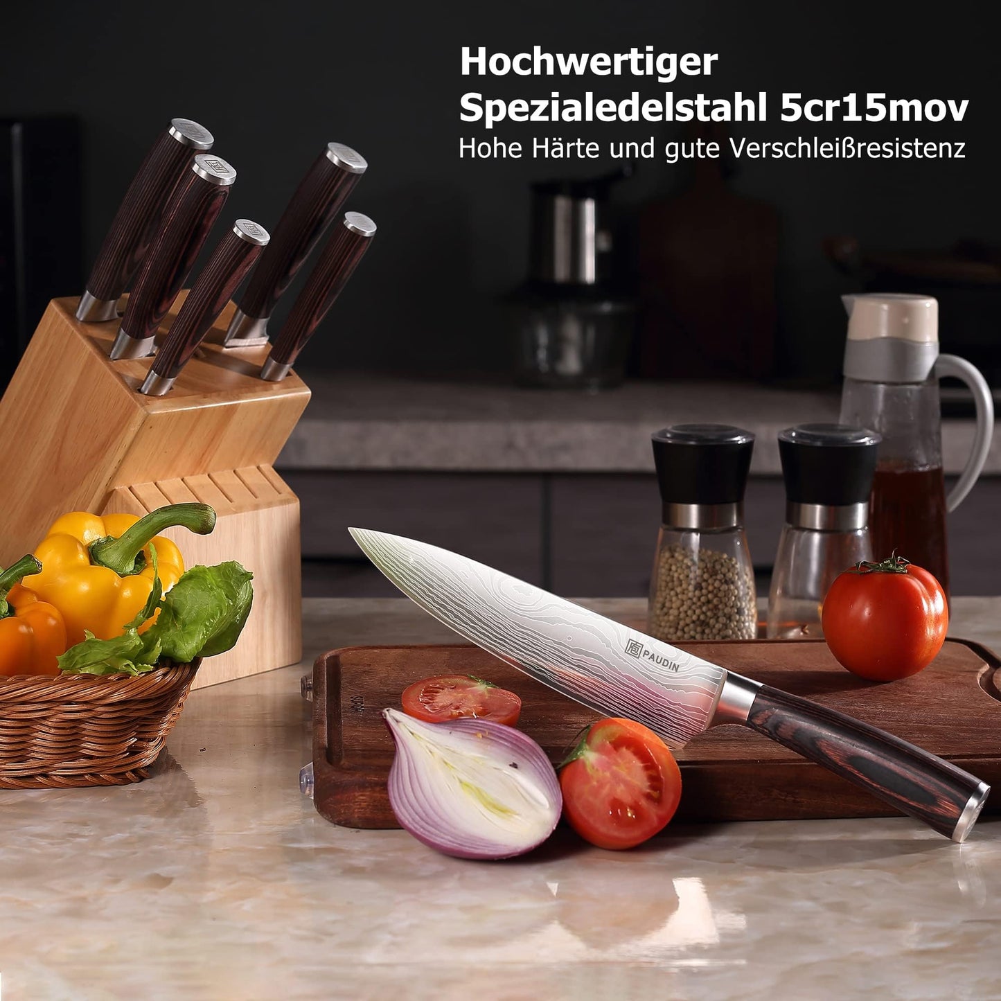 PAUDIN chef's knife, blade length 20 cm professional kitchen knife chef knife utility knife made of high-quality carbon stainless steel, extra sharp knife blade with ergonomic handle