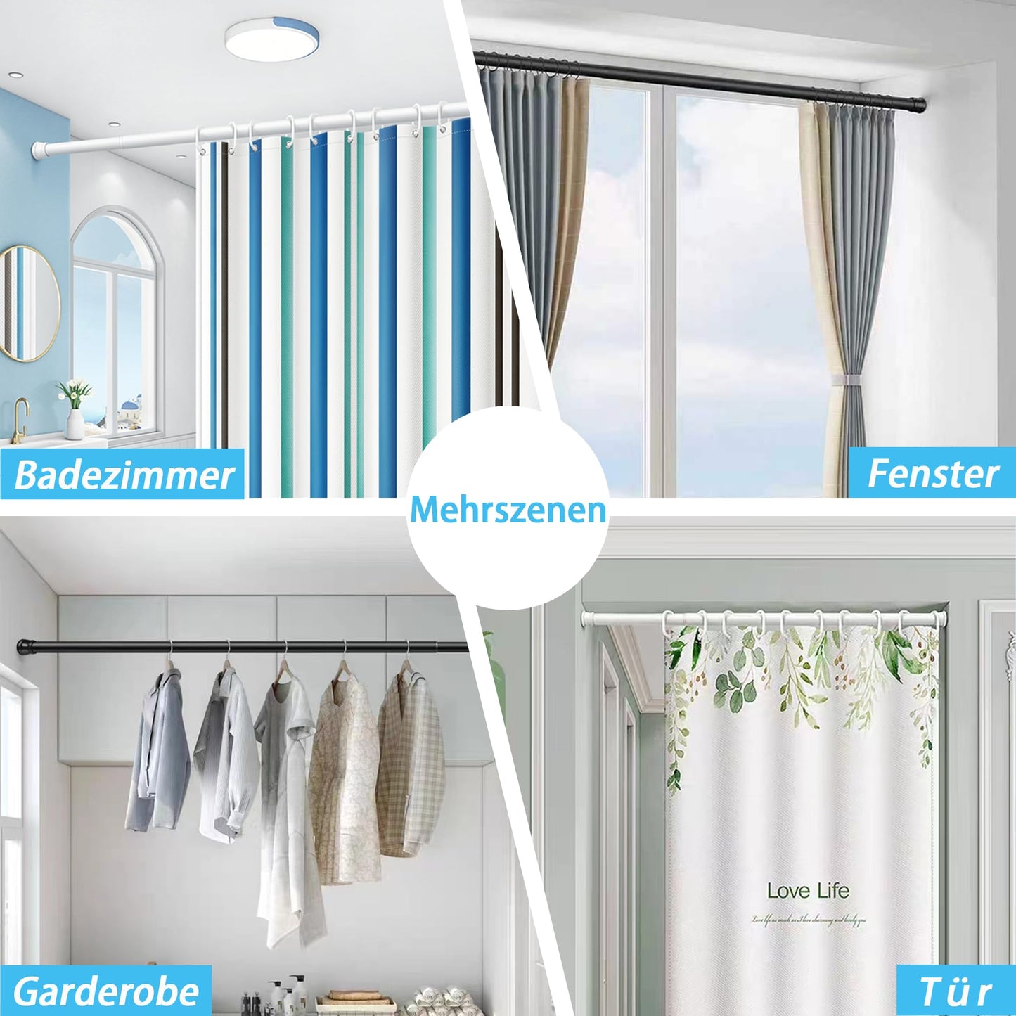 1Piece Curtain Rod No Drill Shower Rod Extendable Clothes Rod for Window, Closet, Bathroom 62-85CM Black (diameter 25mm)