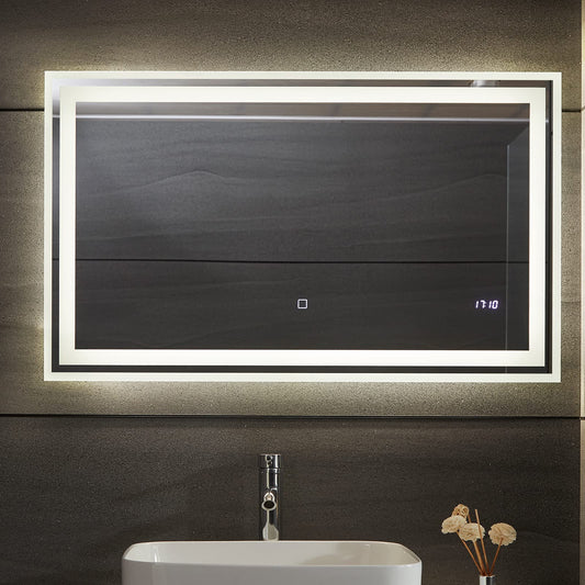 Aquamarin® LED Bathroom Mirror - 120x60 cm, Fog-free, Dimmable, Energy-saving, Digital Clock/Date, 3000-7000K - Bathroom mirror, LED mirror, light mirror, wall mirror for bathroom