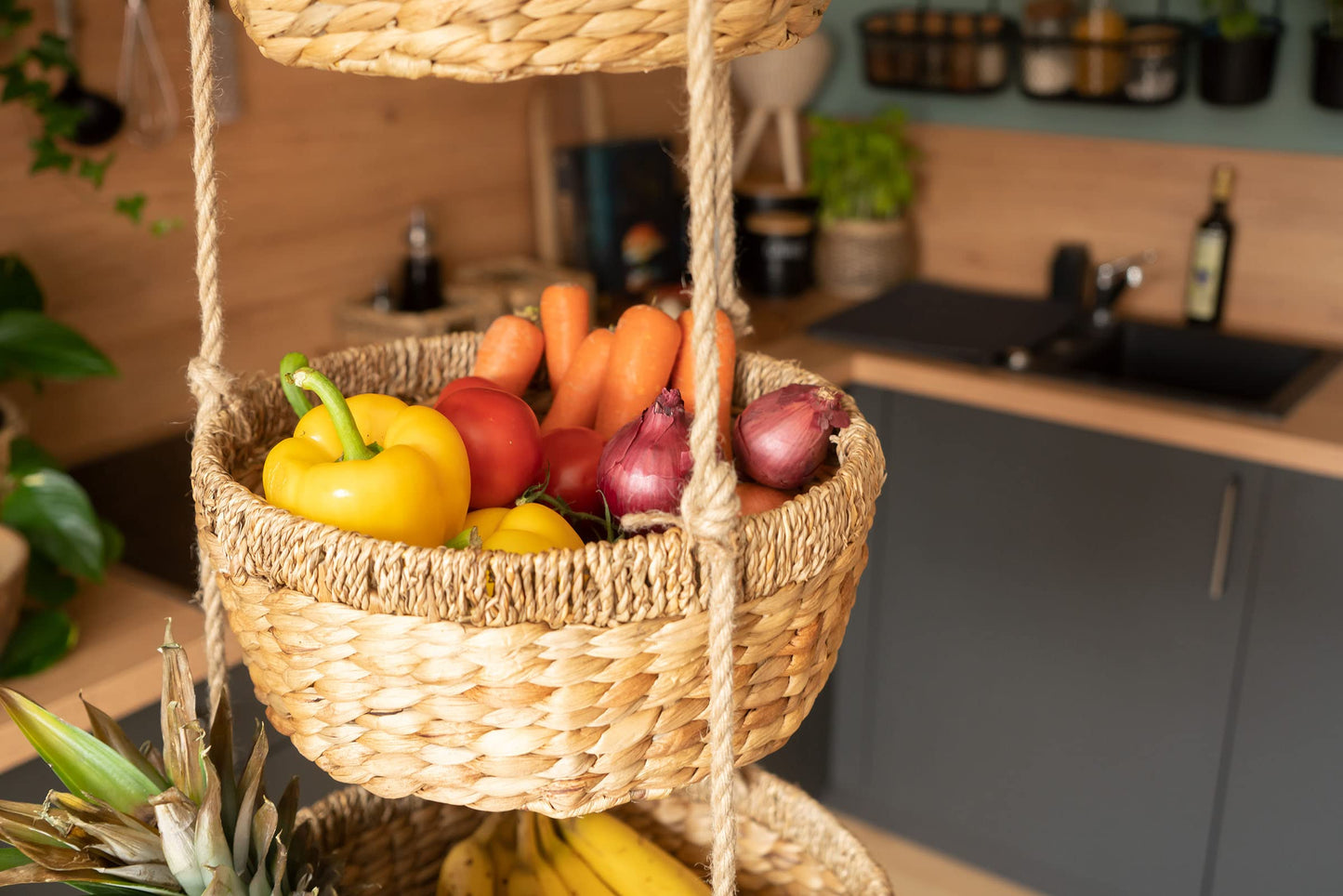 Decorasian hanging fruit basket, Large XXL tiered stand with 3 baskets made of water hyacinth - fruit rack for storing fruit and vegetables - hanging basket