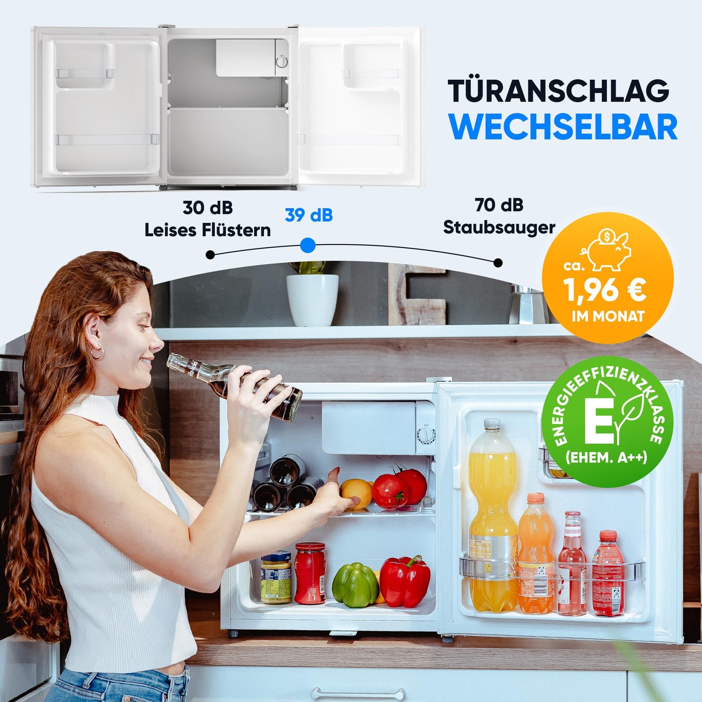 Stillstern Mini Fridge 45L with defrost function, lock, freezer compartment, quiet operation, ideal for kitchen, office, bedroom, hotels, and small apartments. Small refrigerator, minibar, beverage cooler in white.