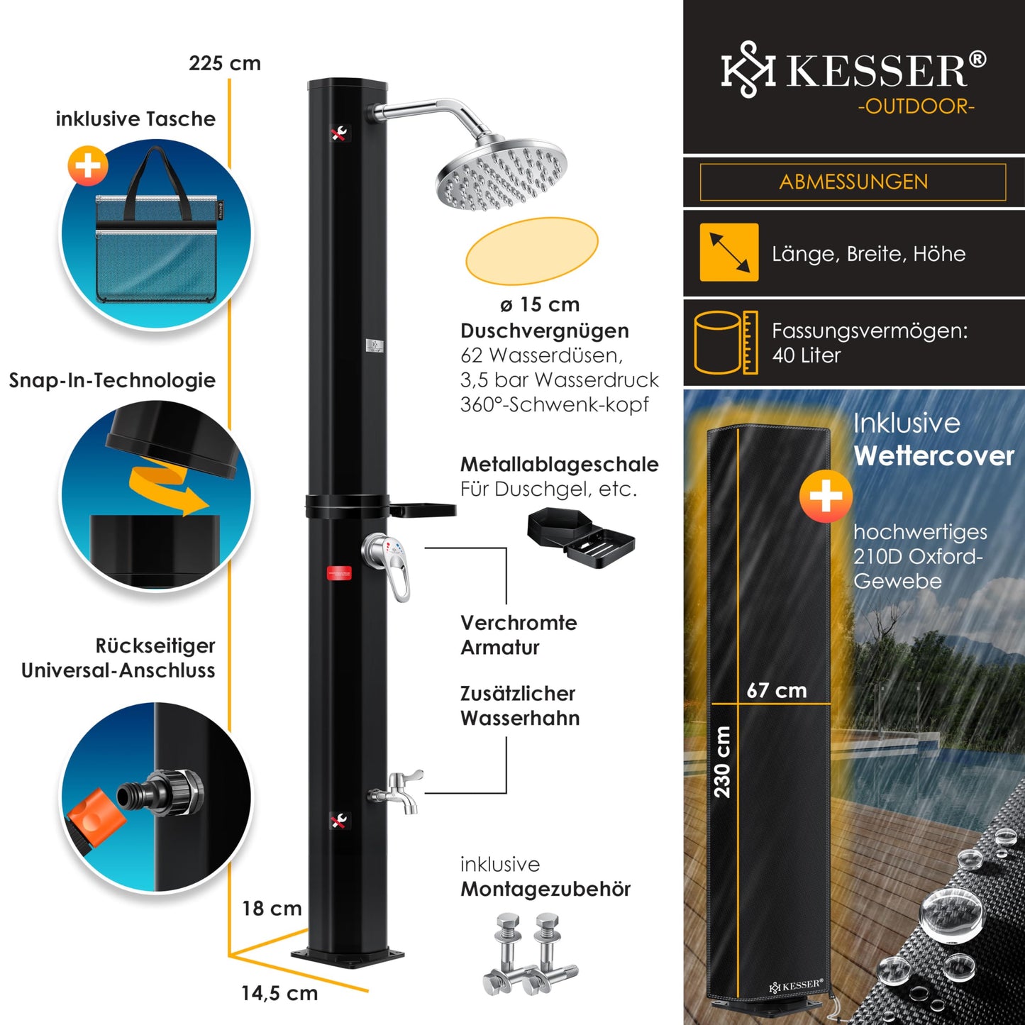 KESSER® 40-liter solar garden shower with metal shower tray & cover | warm water | max. 60°C | no need for electricity | poolside shower for camping | rain shower head and water tap | Black