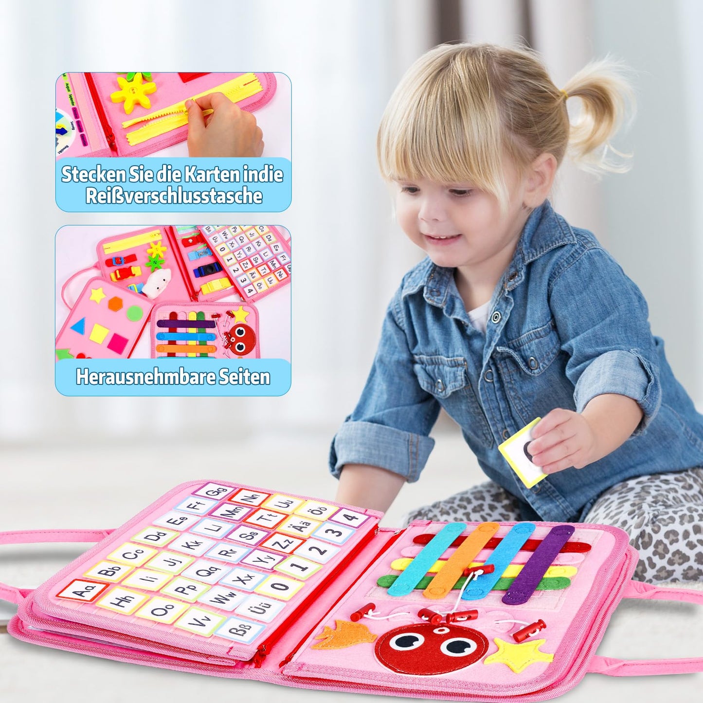 Esjay Busy Board German Montessori Toy for Toddler Girls, Activity Board Book Motor Skills Toy, Gift for Girls Birthday, Learning Toy Motor Skills Board for Travel by Car or Plane, German Pink