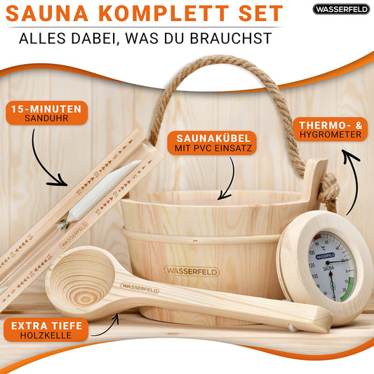WASSERFELD® Sauna Bucket Set (4 liters) - High-quality sauna bucket with ladle, sand timer, thermometer, & hygrometer - Heat-resistant 4L sauna bucket with liner & hemp rope handle - Sauna accessories set