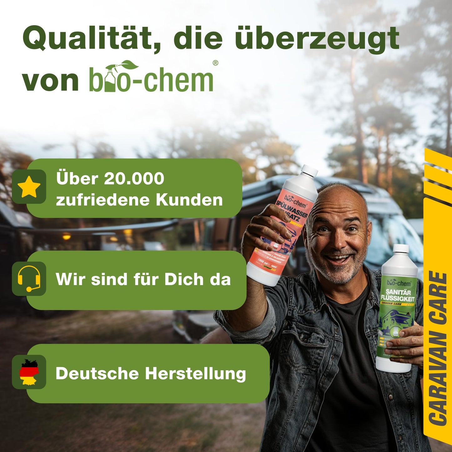 Bio-chem camping toilet additives: Microbiological sanitation liquid 1L + flushing water additive 1L including dosing cup - Sanitation additive for camping toilet, portable toilet, chemical toilet - Made in GER.