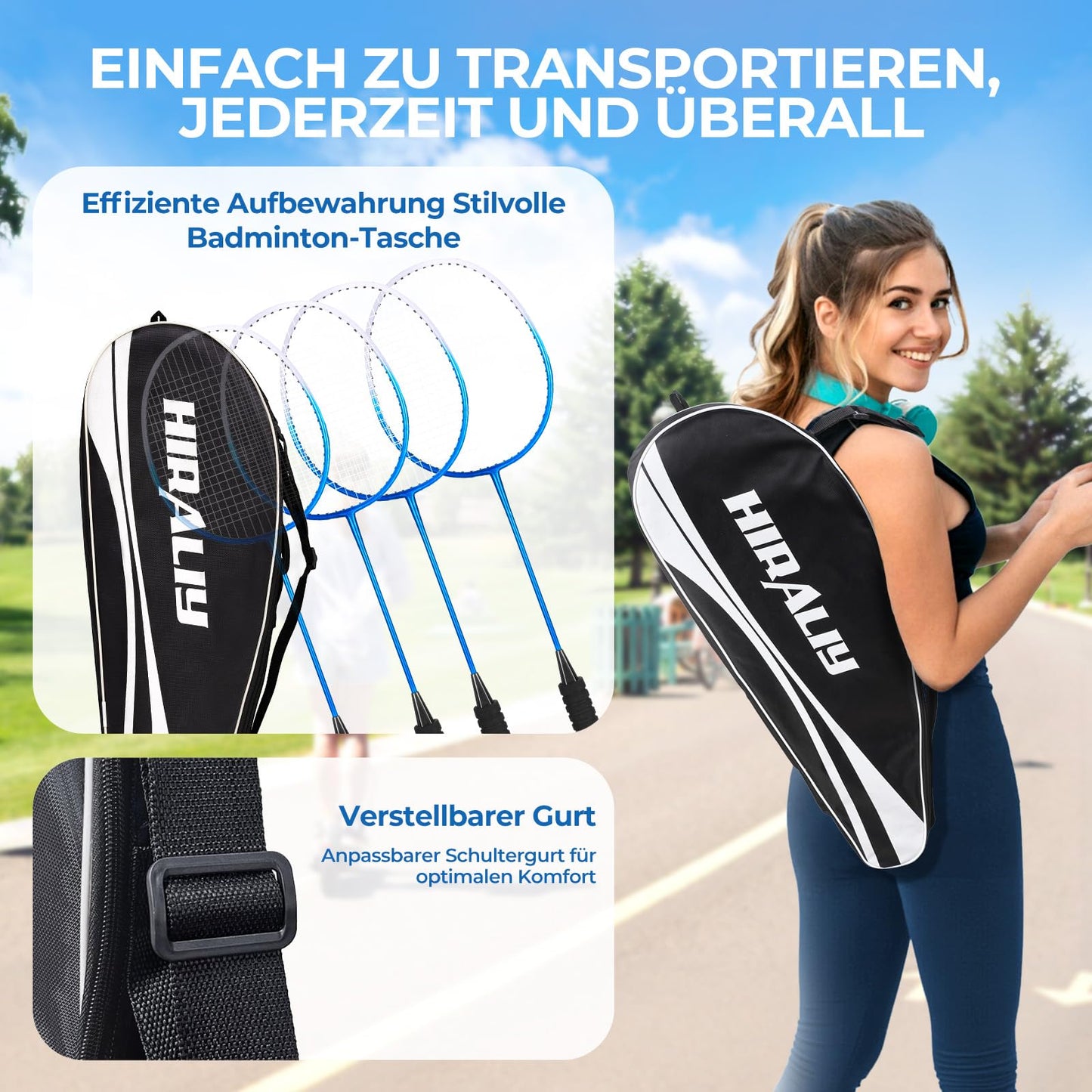 HIRALIY Badminton racket set for outdoor games, lightweight shuttlecock 4-piece set for kids & adults & beginners, includes 4 rackets, 12 nylon shuttlecocks, 4 replacement grip tapes, 1 carrying bag