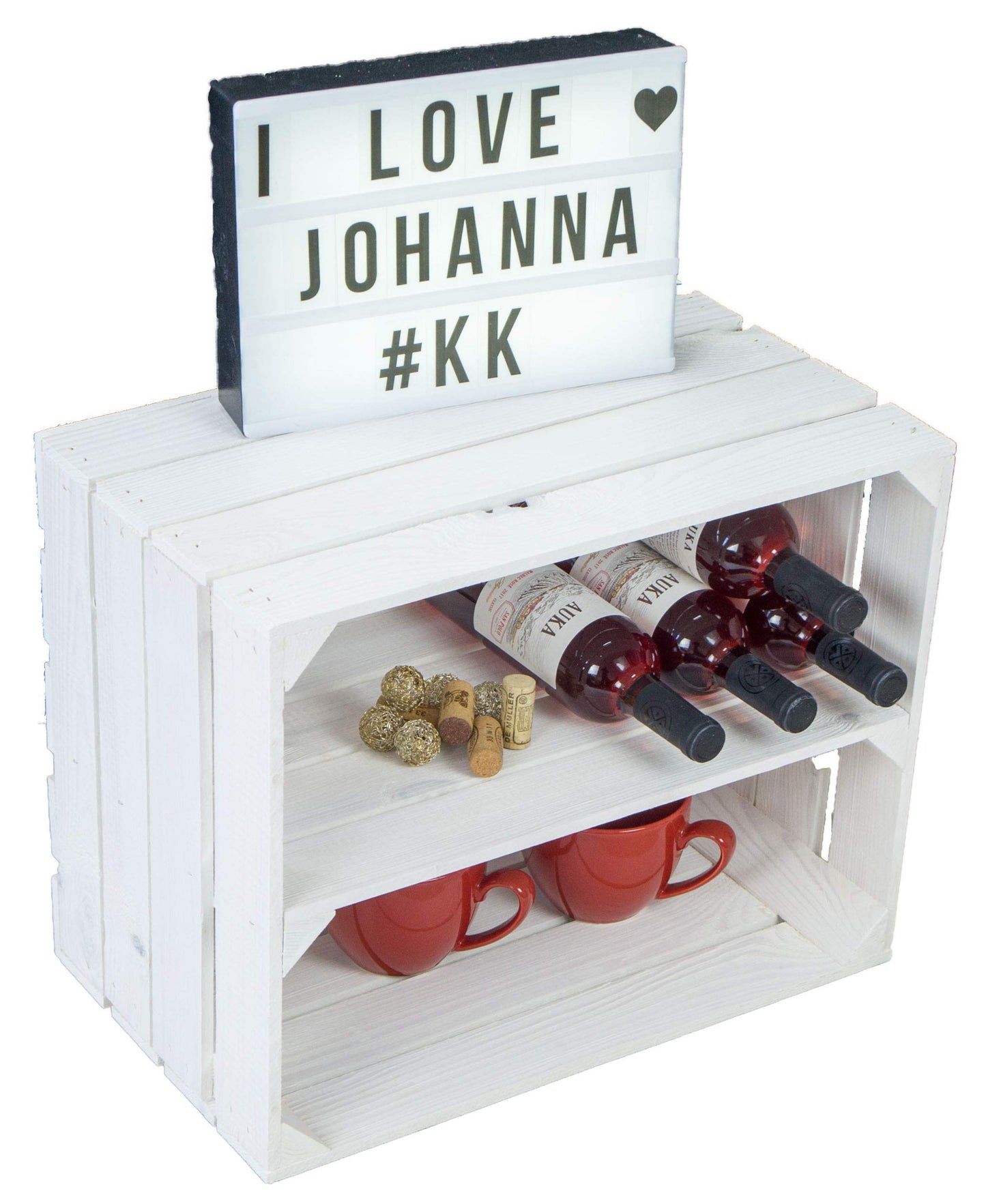3-piece set of new white fruit crates with middle shelf. Perfect for storing apples, wine bottles, or as a shoe rack. Size: 50 x 30 x 40 cm (WHITE WITH INSERT "LONGWAYS")