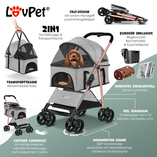 LOVPET® Dog Stroller 2in1 Dog Cart Dog Crate, Transport Bag Foldable and collapsible up to 20kg Pets Buggy with Mesh Windows, Cup Holder, Rain Cover Jogger Buggy for Pets