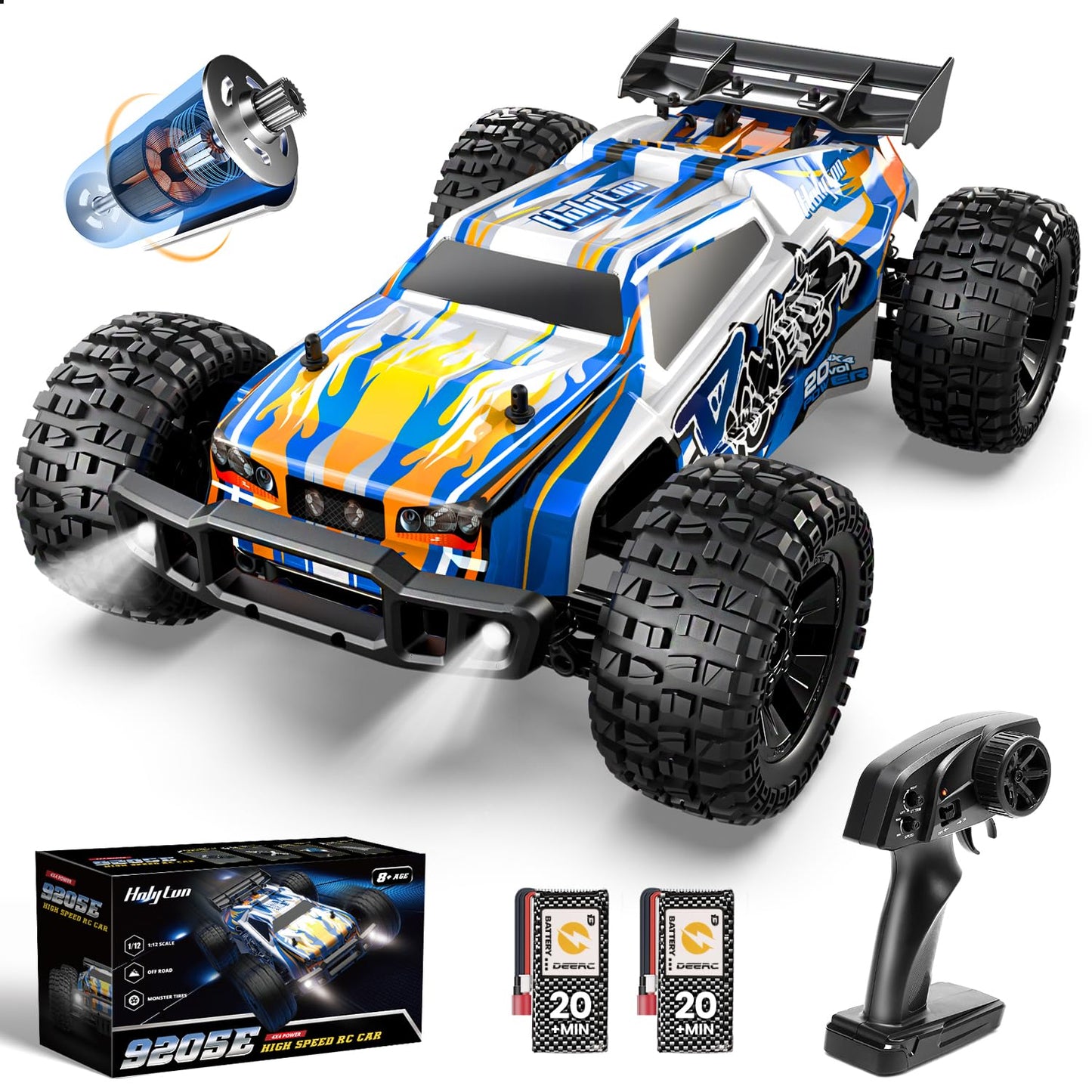 DEERC 9205E RC Car 1:10 Remote Control Car 48 km/h High Speed 4WD Monster Truck Buggy Offroad Crawler with 2 Batteries, 2.4GHz Remote Control Toy for Kids & Adults.