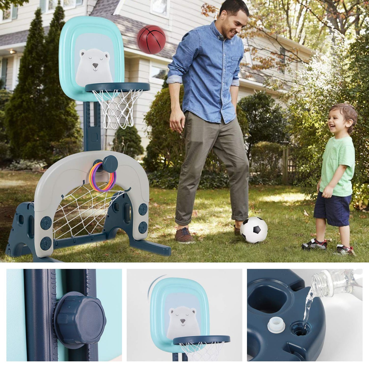 Hadwin Kids Basketball Hoop Set, 3-in-1 adjustable basketball stand & soccer goal & throwing game for toddlers, sports for boys and girls, suitable for indoor use.