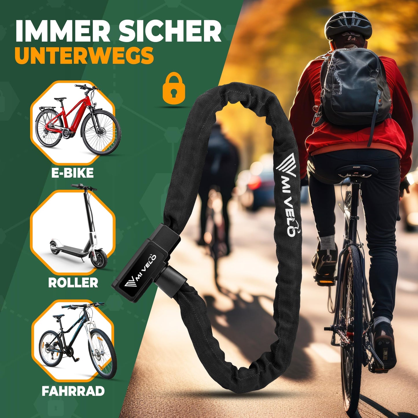 MIVELO bike lock chain lock made of hardened steel - 85cm long I bike lock - chain locks high security I 8mm square chain - bike lock for bicycle, e-bike & e-scooter (With key)