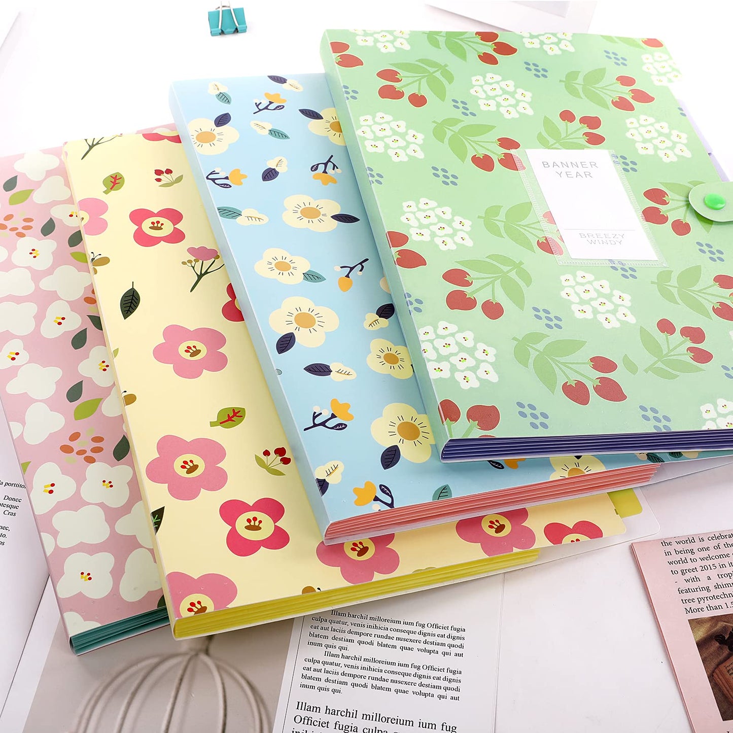 KONVINIT document folder a4, accordion folder with 6 pockets floral/flower document folder organizer paper organizer removable aesthetic school supplies, 4 pieces.