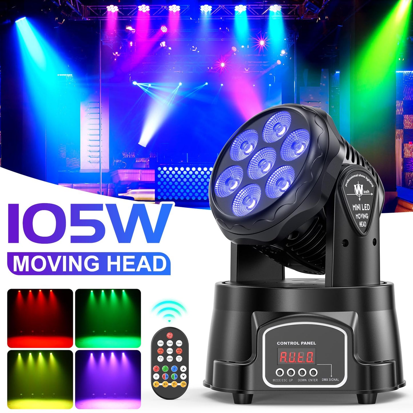 2 pack 7X15W Moving Head Wash LED lights with dmx512 RGBW, 5 control modes, 4 in 1 DJ lights for live events, bar, karaoke, Christmas, Halloween, home parties, weddings.