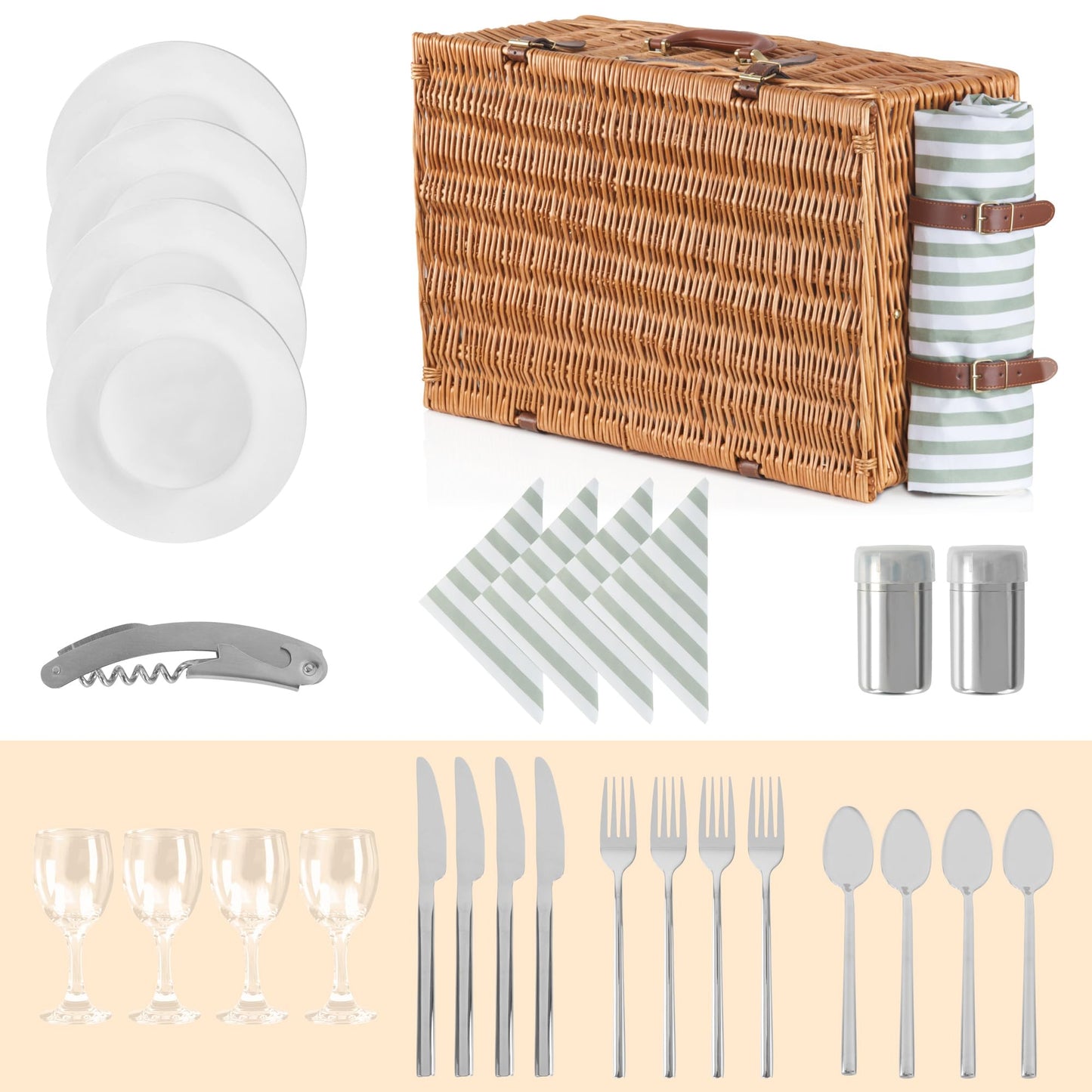 Campfire picnic basket for 4 people with 29-piece dish set and cooler compartment. Striped interior pattern, wicker basket with faux leather straps. Includes picnic bag and set.
