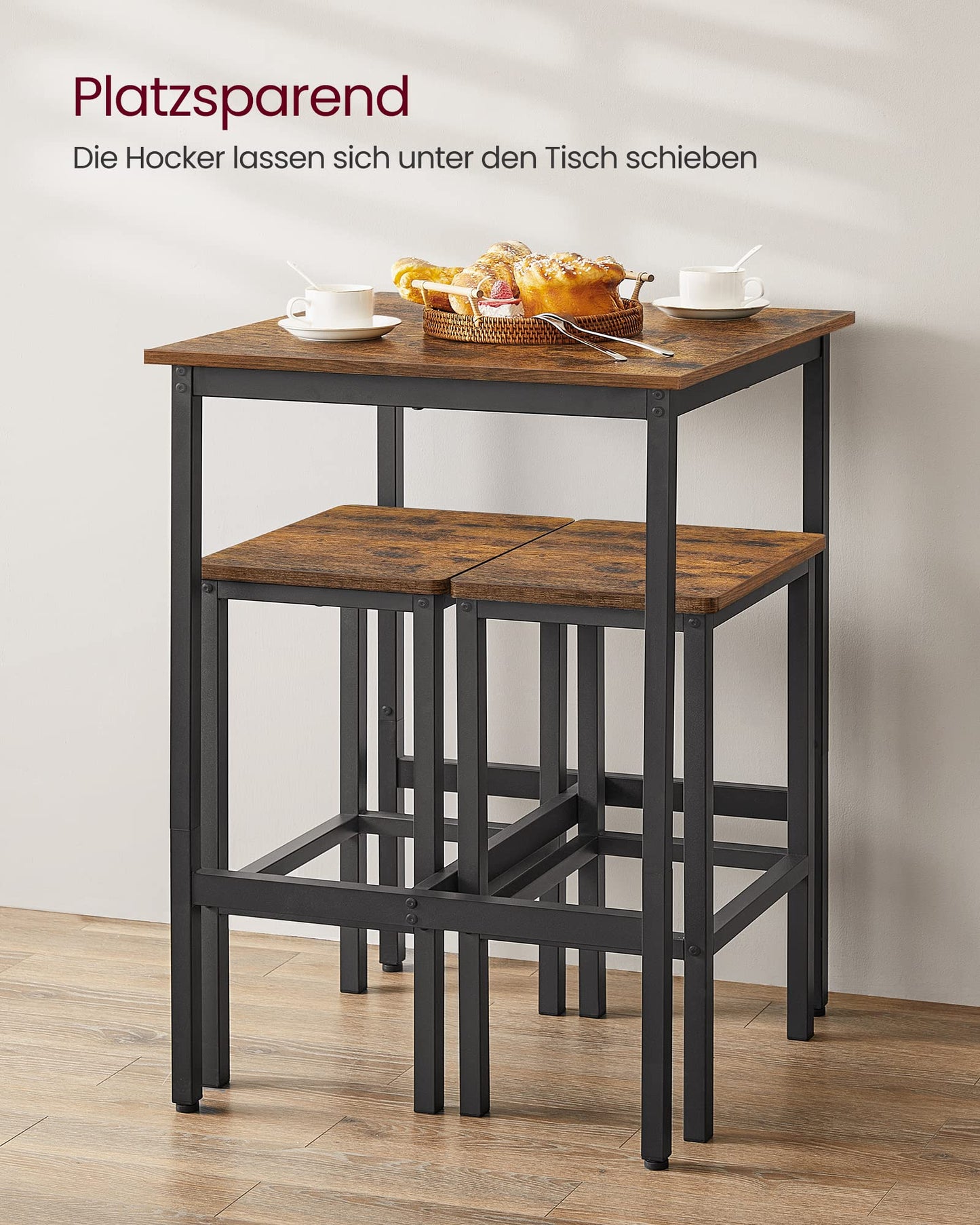 VASAGLE bar table with bar stool set, dining table with 2 chairs, small kitchen table, bar chairs, for dining room, kitchen, vintage brown-ink black LBT017B01
