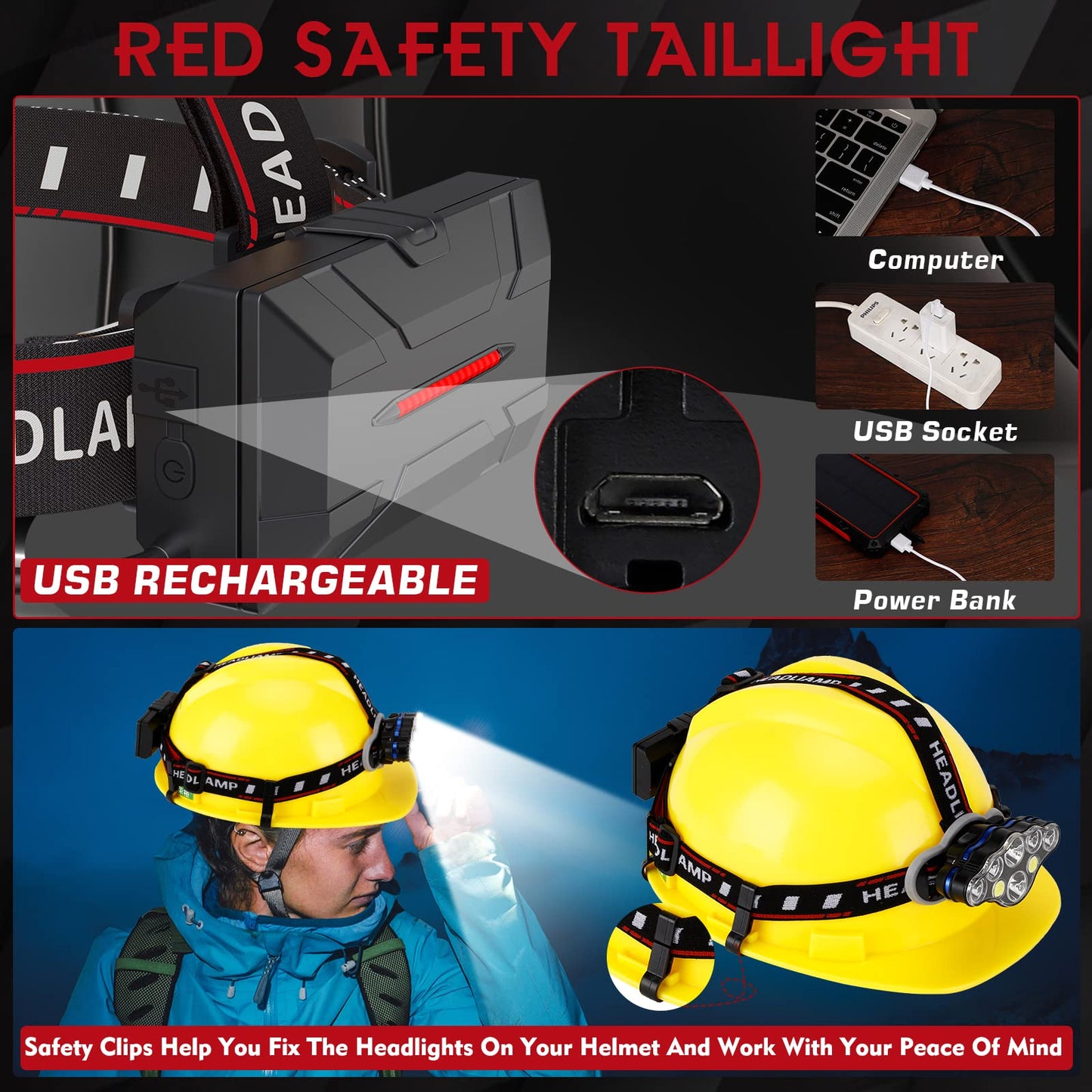 MLIAIMCE Headlamp, Super Bright rechargeable LED Headlamp 18000 Lumens 8 LED 8 Modes with red warning light Headlamp, IPX4 Waterproof, Perfect for Camping, Fishing, Outdoor, Jogging, Work, Hiking