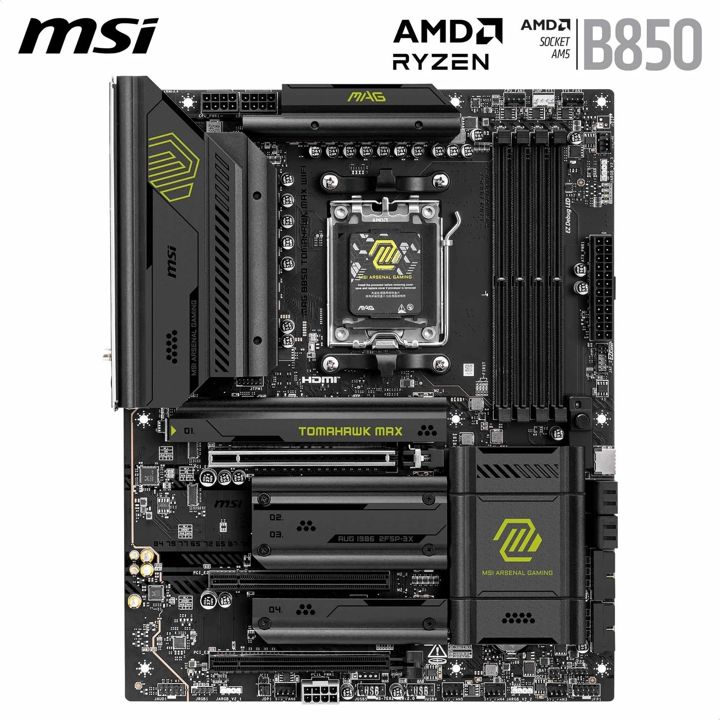 MSI MAG B850 Tomahawk MAX WiFi Motherboard, ATX - Supports AMD Ryzen 9000/8000/7000 processors, AM5-80A SPS VRM, DDR5 Memory Boost 8400+ MT/s (OC), PCIe 5.0 x16, M.2 Gen5, Wi-Fi 7, 5G LAN.