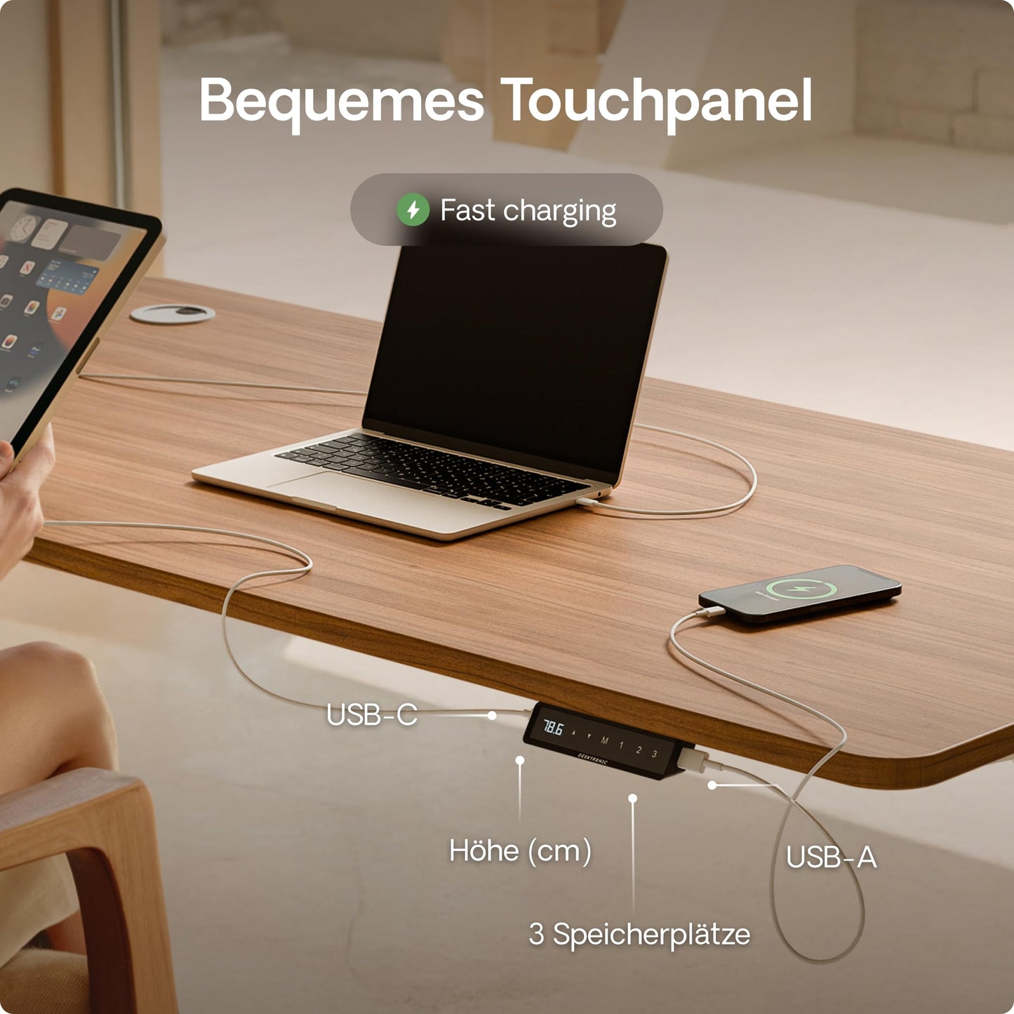 Desktronic HomePro Height Adjustable Desk 160 × 80 cm - Electric Desk with Two Electric Motors, Touchscreen Control, and Integrated USB-A and USB-C Charging Ports