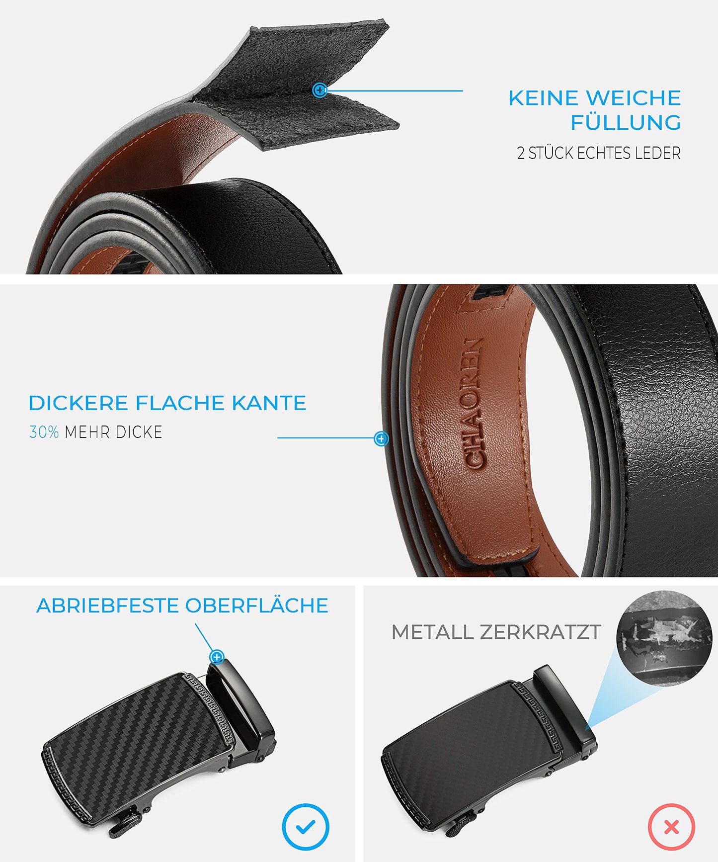CHAOREN Men's Belt 2-Pack, 35mm Automatic Leather Belt with Ratchet - Customizable Fit, Great as a Gift.