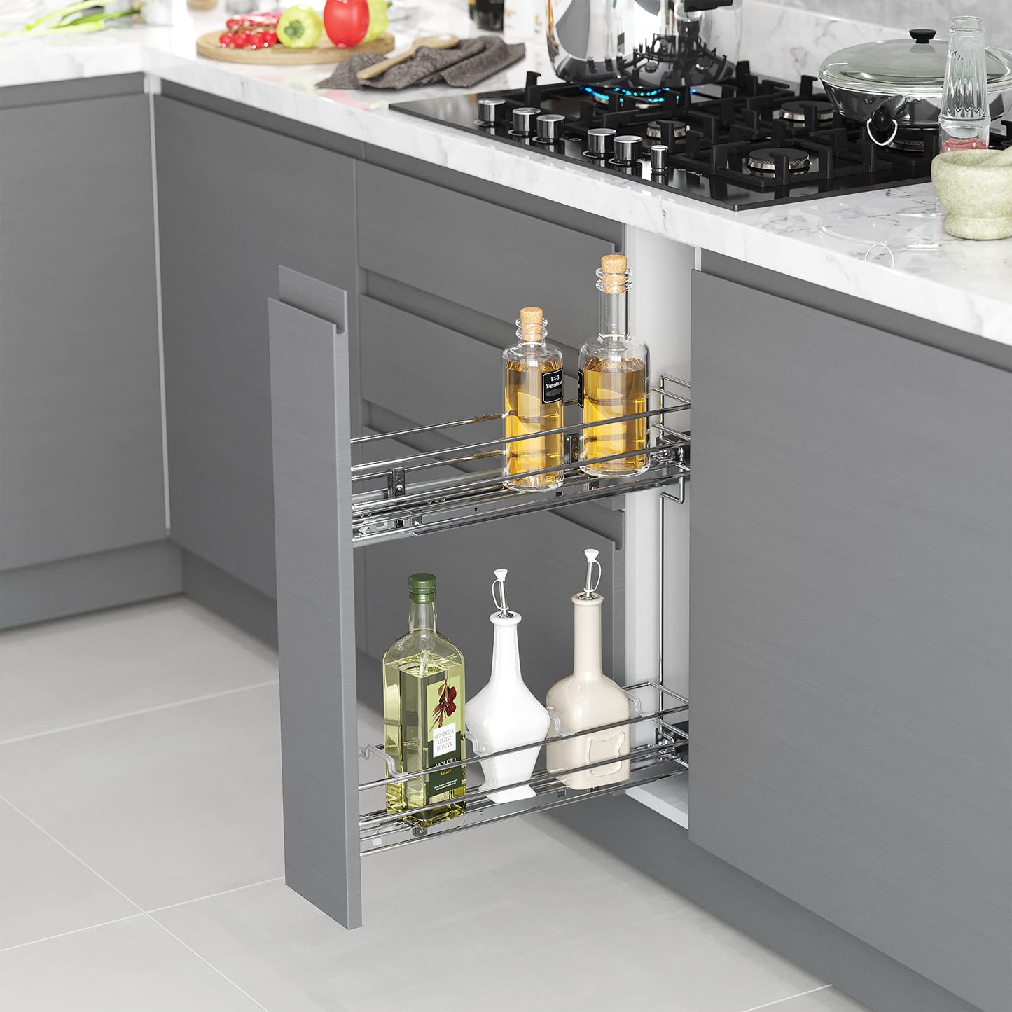 Emuca - Pull-out bottle holder with damping system, Pull-out bottle cart for kitchen cabinets, 150mm, Chrome-plated, Steel