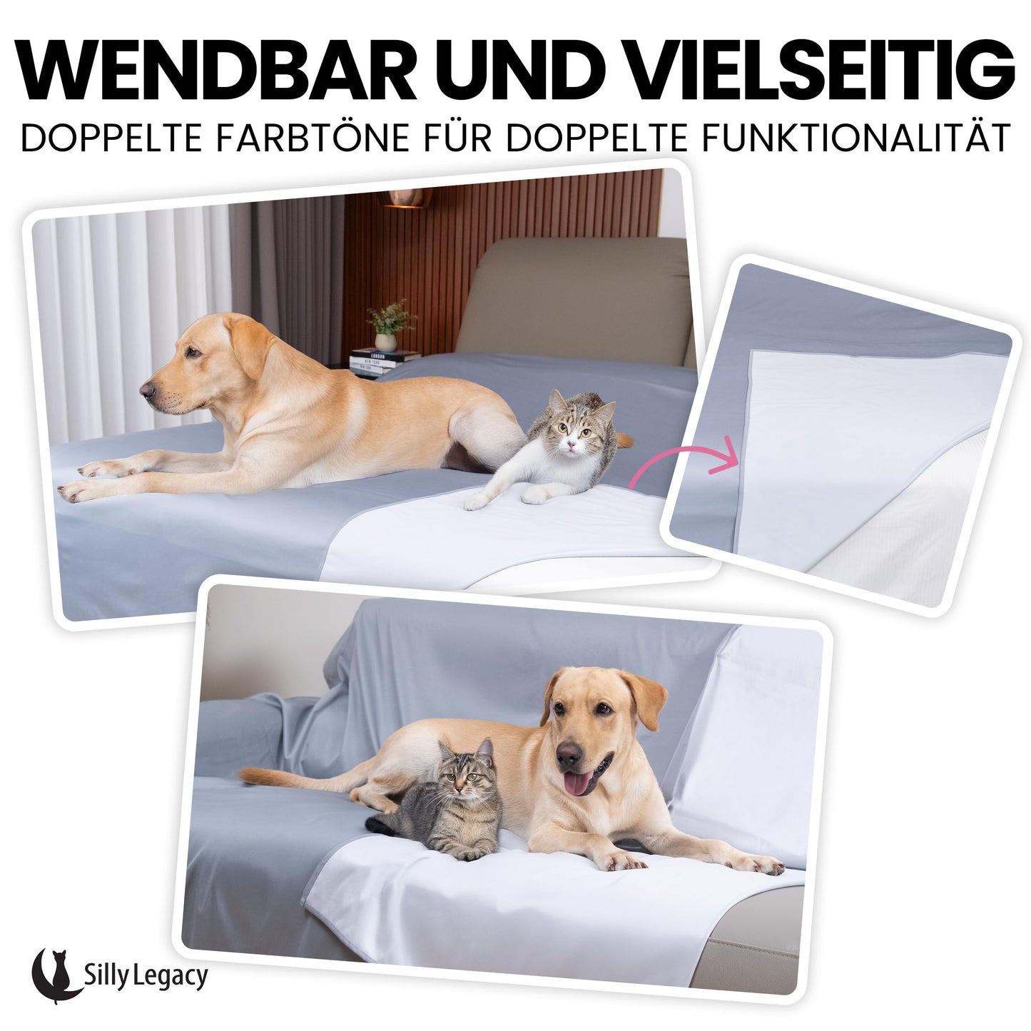 Waterproof mattress protector (double, 244 x 208 cm; gray) - Soft, thin, and reversible blanket for dogs, cats, other pets; Incontinence, urine, dirt, pet hair, saliva.