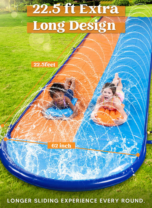 SLOOSH 22.5ft x 62in/685.8*157.5cm Double Lawn Water Slide, sturdy water slide with sprinkler and 2 inflatable boards for kids and adults, summer party, backyard, outdoor water activities.