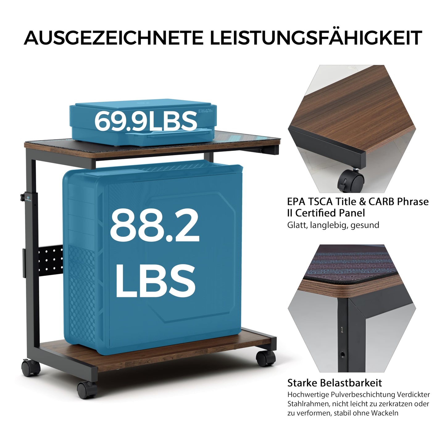 EUREKA ERGONOMIC Adjustable PC Tower Stand, ATX Case CPU Holder PC Cart, CPU Stand with Wheels and Mouse Pad, Walnut Color.