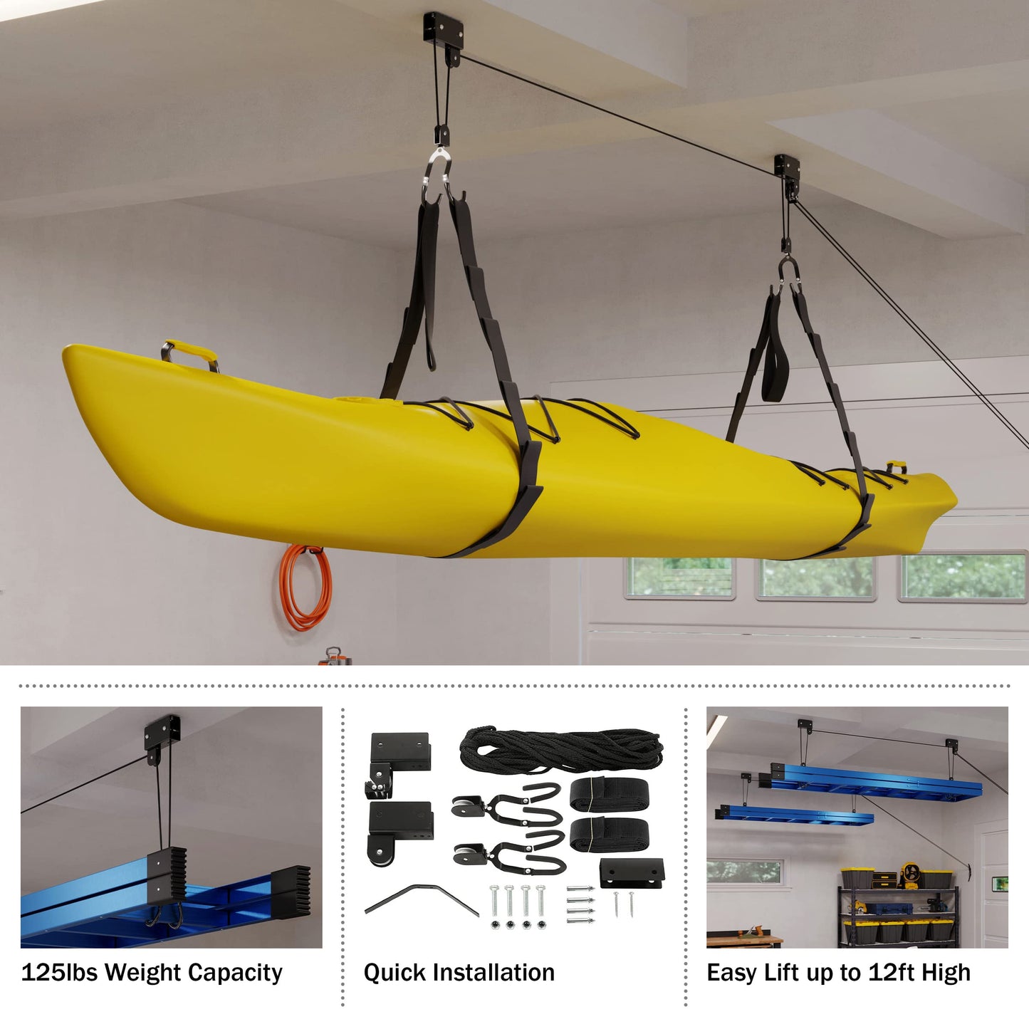 RAD Sportz Unisex Adult Hoist Lift - Pulley System with 56.7 kg Capacity for Kayak, Canoe, Bike or Ladder Storage, Black, Pack of 1