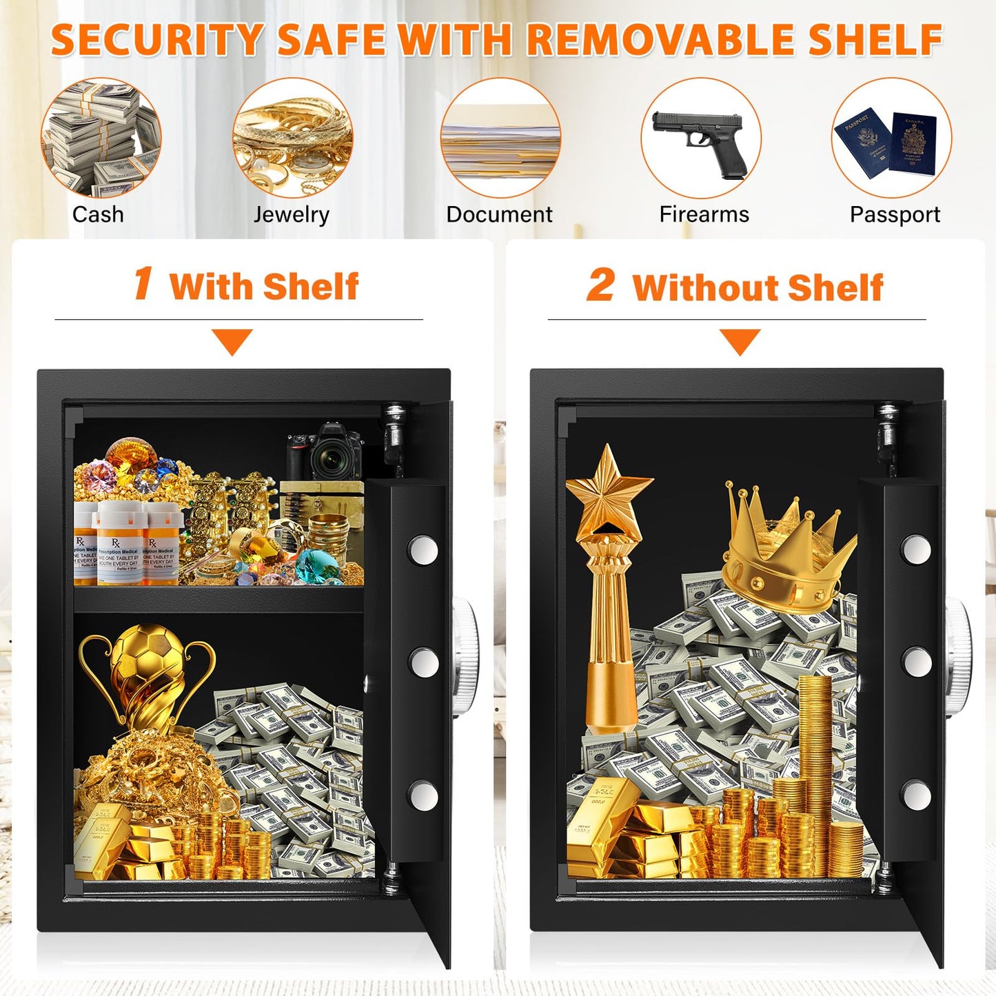 57L Large Touch Screen Safe, Fireproof Waterproof, with Combination Lock and Silent Mode, for Cash Valuables Documents