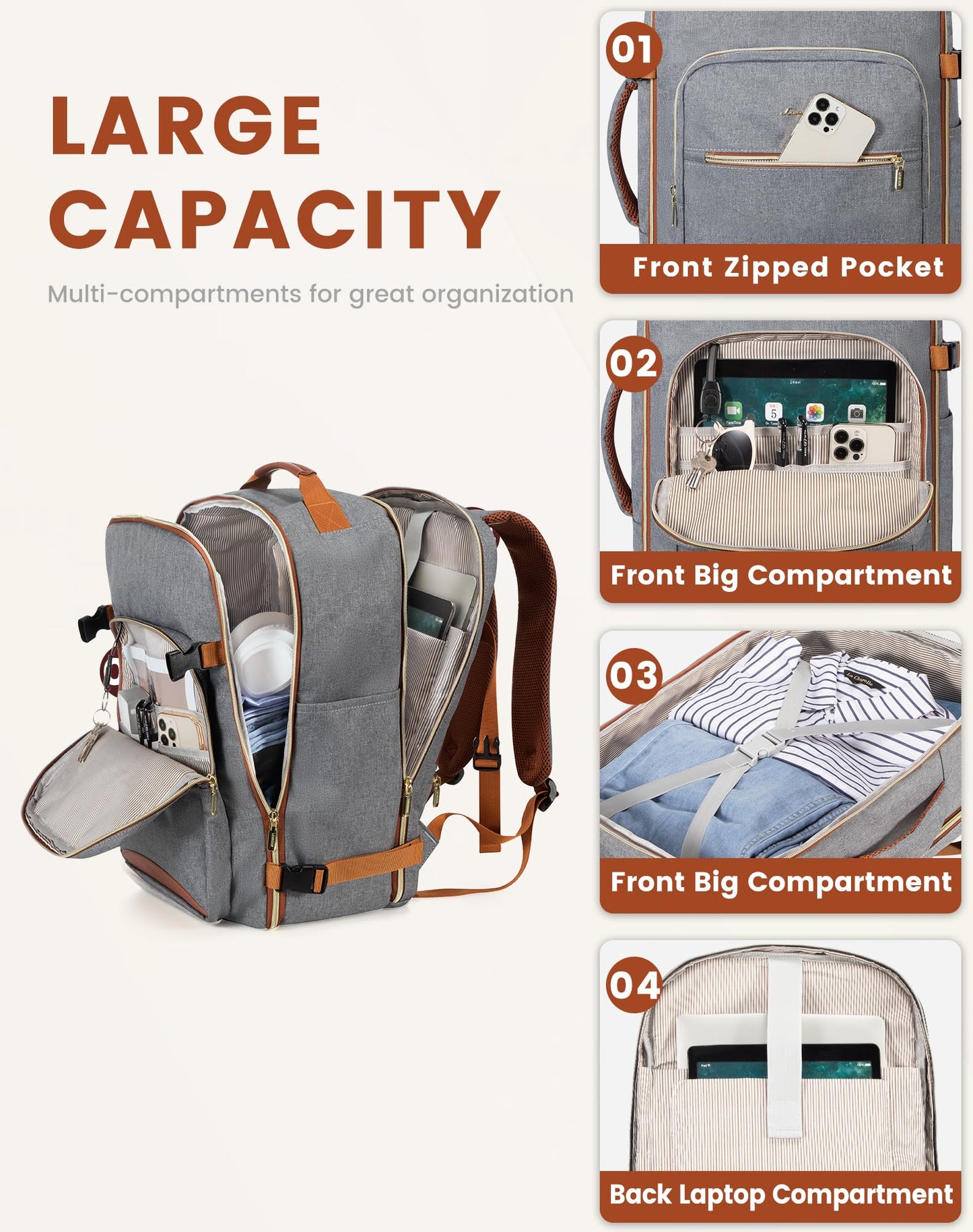LOVEVOOK carry-on backpack, 40L large travel backpack for women, airplane suitcase travel backpack, waterproof duffel with 17-inch laptop compartment for travel, business trip, weekend hiking, gray.