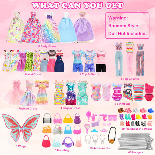 Miunana 110+ clothing for dolls Doll clothing Fashion dresses Tops Blouse Pants Evening dresses Swimsuits Mini dresses Shoes Hangers Handbag Wings Accessories for 11.5 inch girl dolls