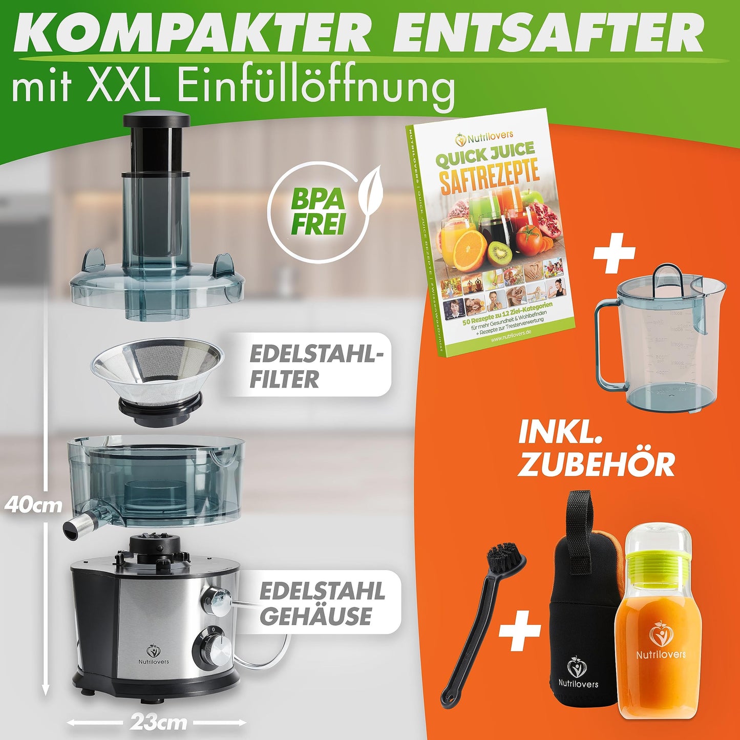Nutrilovers *award winner* QUICK-JUICER Juicer Stainless Steel for Fruits and Vegetables I XXL chute for juicing whole fruits, 800W, 2 speeds, BPA-free incl. drinking bottle + recipe book & app