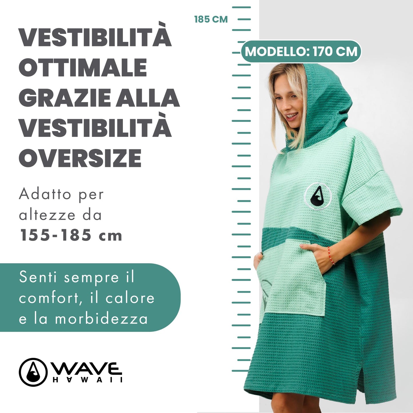 WAVE HAWAII Bath-Surf Poncho Men & Women Breese | Size S/M, 155-185cm | 100% Cotton | Adults | Travel Towel with high water absorption | Changing aid Beach Adults