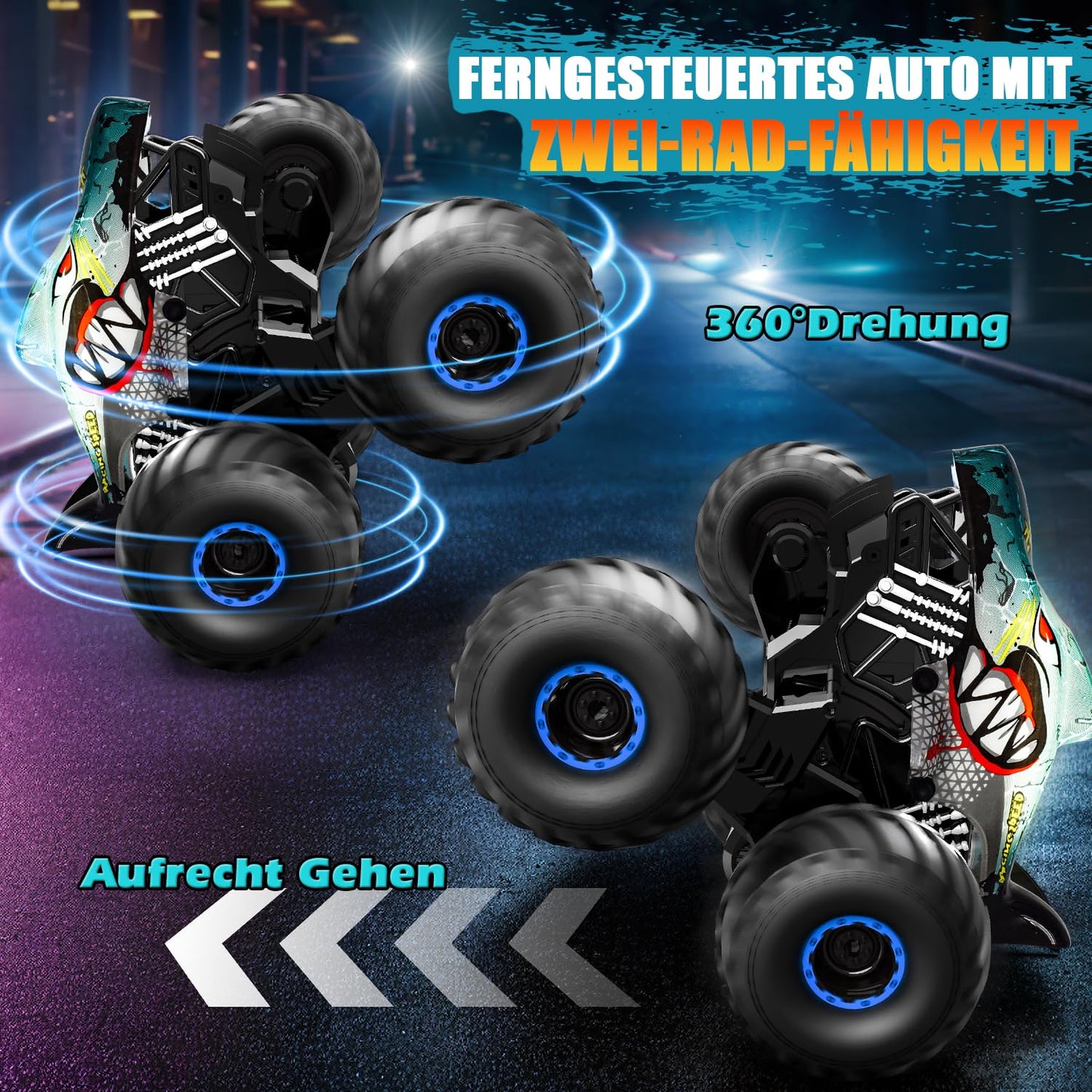 Remote control car, 1/16 monster truck with stomp and 360° rotation, Shark monster truck remote controlled with spray, lights, music, 15KM/H RC monster truck with 40MIN playtime, gift for 3 6 8 10 year old boys.