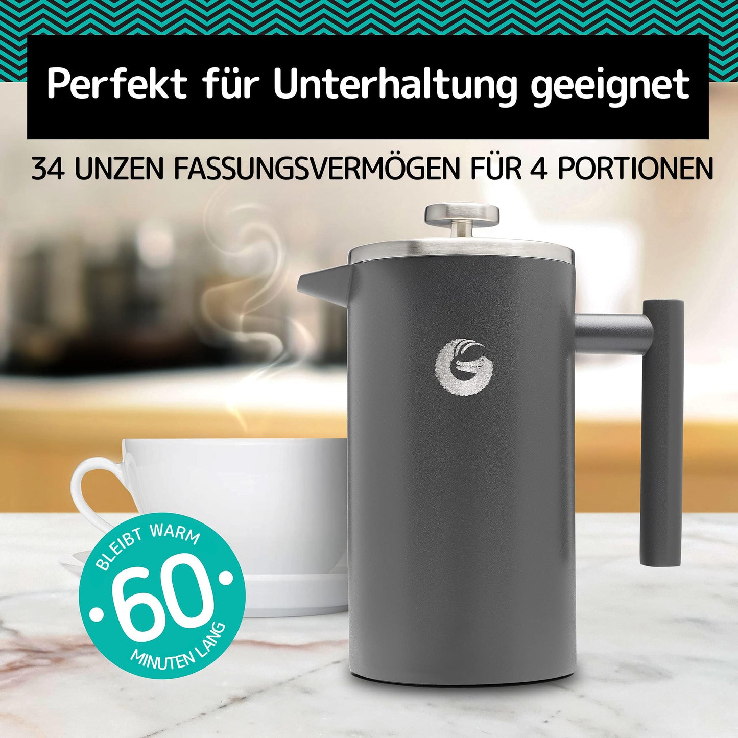 Coffee Gator French Press 1 Liter - with Travel Jar Canister, Double-Walled Insulated Stainless Steel Coffee Maker, Portable Hot Cold Brew Tea Pot for Home Office Kitchen Camping Outdoor