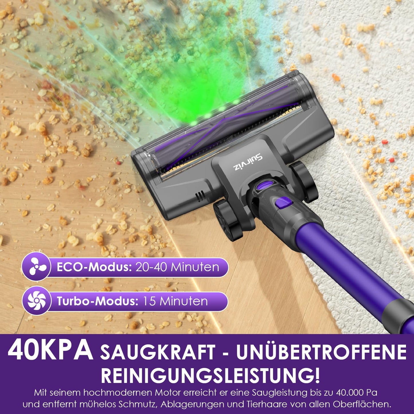 Suirviz Cordless Vacuum Cleaner, 500W/40000Pa/40 Min Battery Vacuum Cleaner with Self-standing, Lightweight Stick Vacuum with Green Light, Ideal for Hard Floors, Carpets, Pet Hair