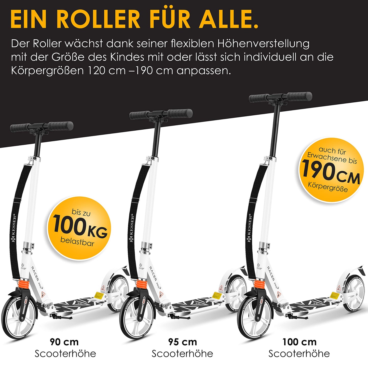 KESSER® City Roller Scooter 205mm wheels PU Big Wheel - Pro-S kick scooter with double suspension, foldable and adjustable height city roller scooter, kickscooter for adults and kids, White