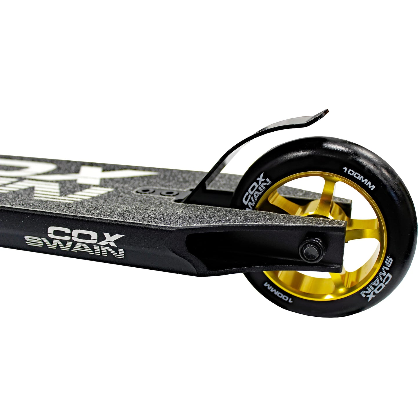 Cox Swain Stunt Scooter X-385, SCS compression, CNC fork, 100mm PU/aluminum wheels, ABEC 9, for kids + adults, beginners + pros, super stable - black/gold