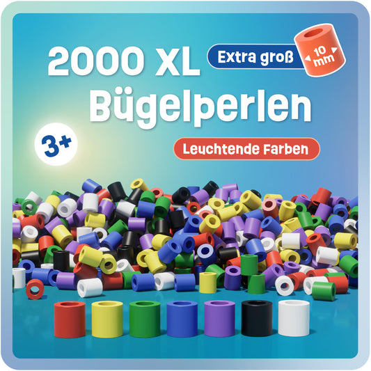 Smowo® Large 10mm Ironing Beads 2000 Pieces for Children 3 Years and Up - 7 Vibrant Colors XL Peg Beads - Creative Bead Set