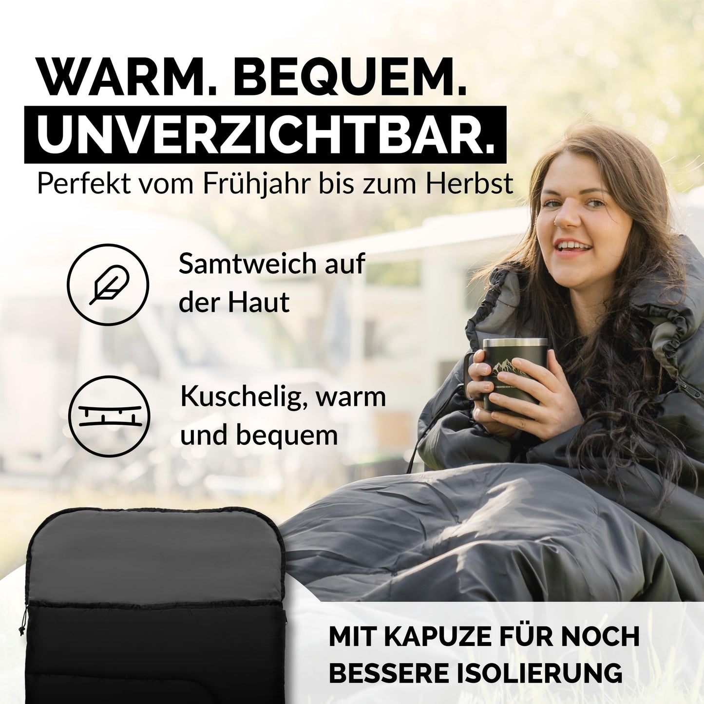 MONTARAY hooded sleeping bag rated down to -5°C with pillow included. Suitable for 3-4 seasons, this 280GSM sleeping bag is ideal for both winter and summer outdoor use. Designed for both men and women, it is warm and ultra-lightweight.