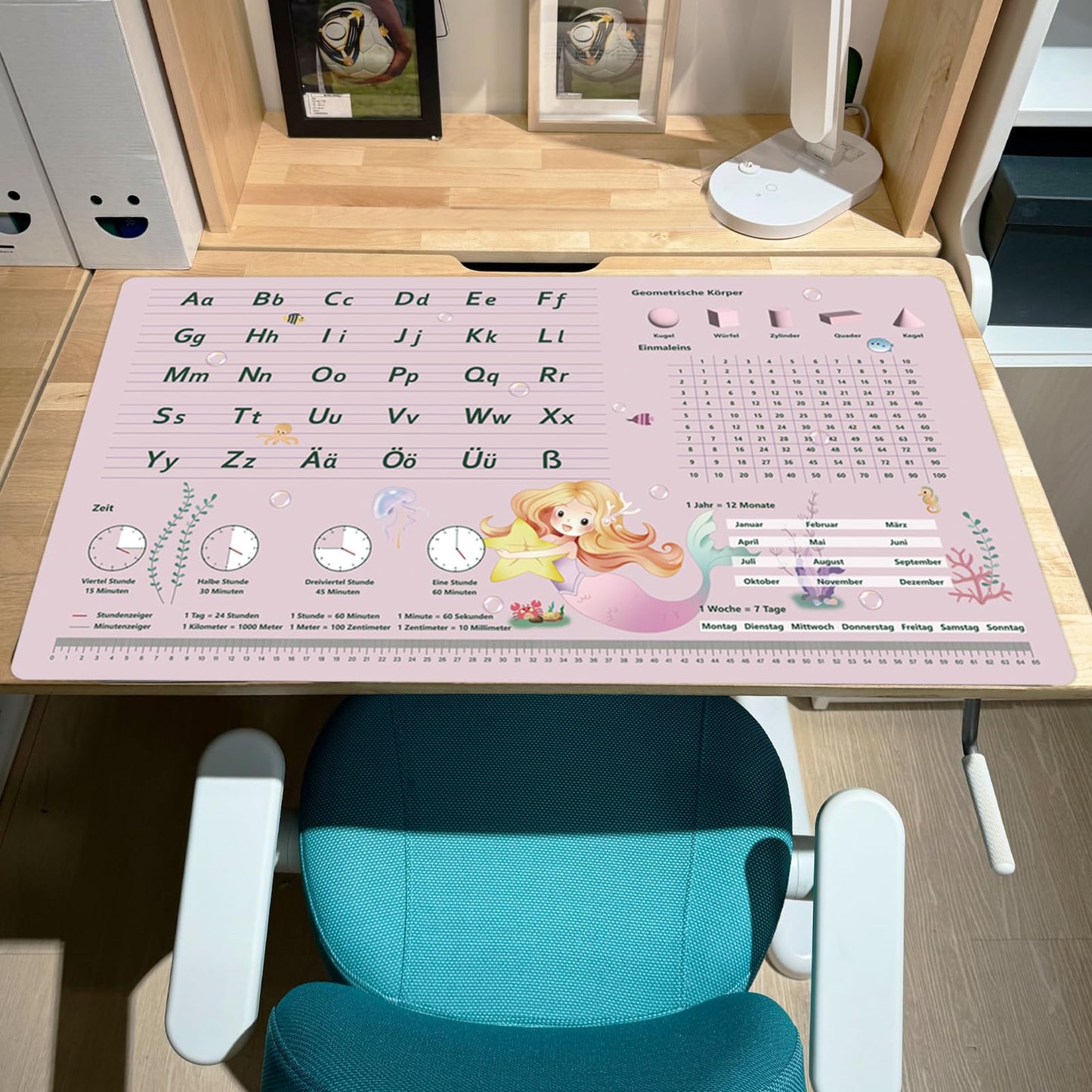Desk pad for kids - Mermaid pattern ABC desk pad for girls - 70 x 40 cm - Double-sided polyurethane writing pad - Wipeable, oil and dirt repellent, soft