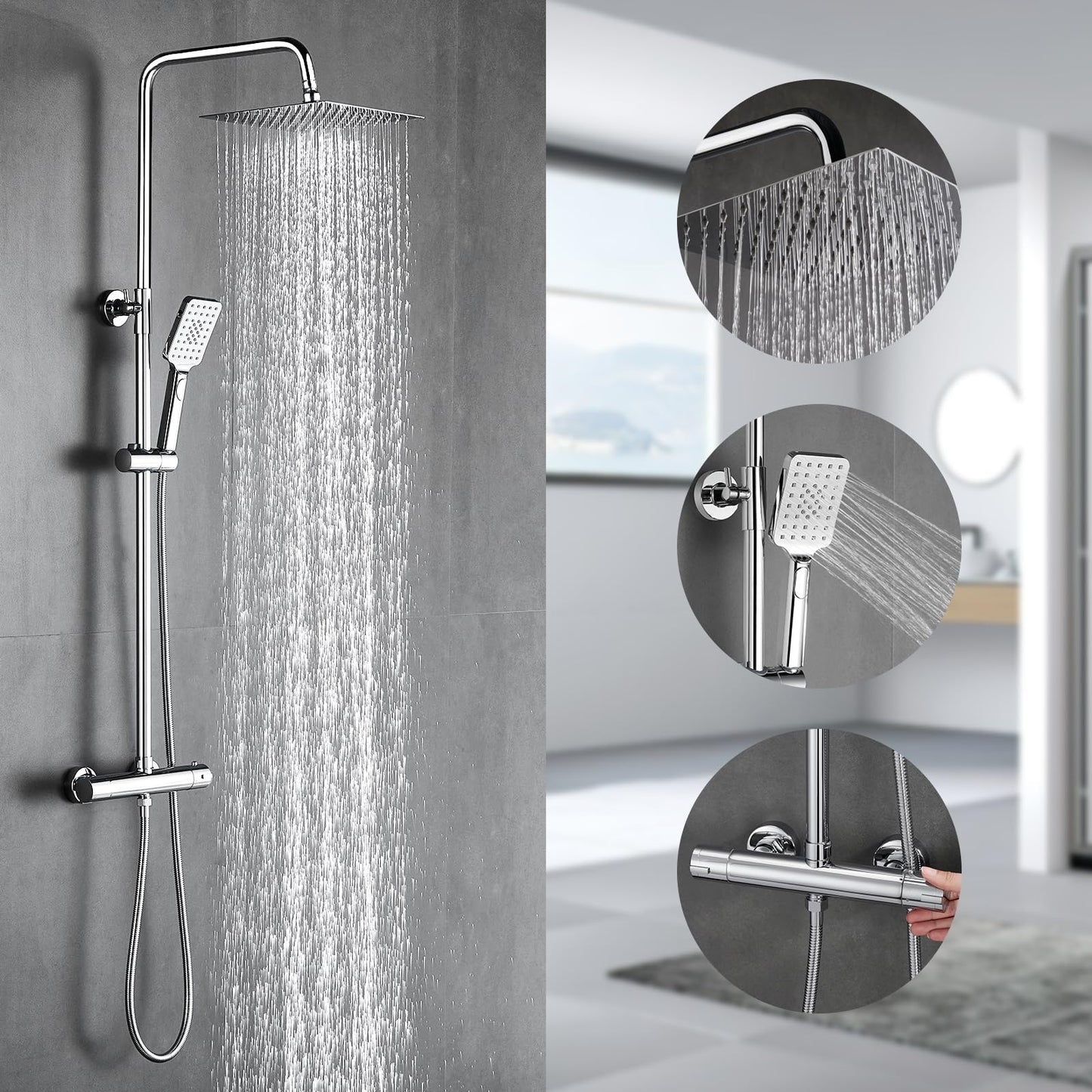 BONADE shower system with thermostat rain shower head made of 304 stainless steel, shower mixer complete set including shower thermostat, adjustable wall bracket 10 inch rain shower, bathtub faucets set