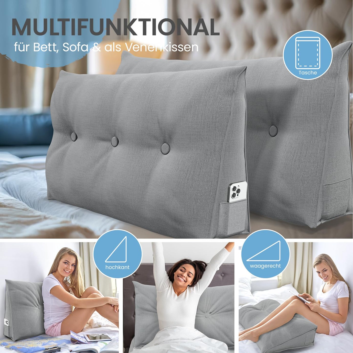 ELONEO back cushion 70 cm wide, wedge cushion suitable for bed and sofa, triangular reading pillow, pillow with removable and washable cover, with practical side pocket.