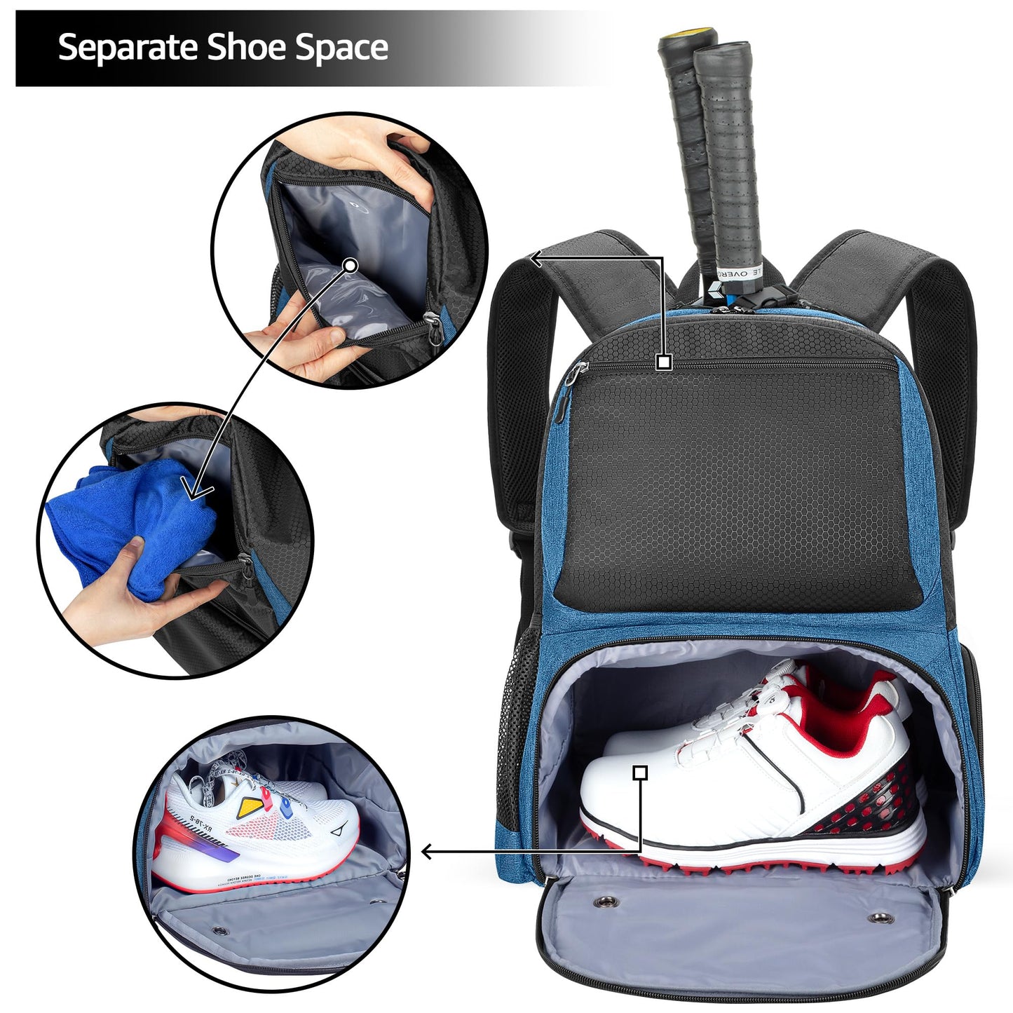 DSLEAF Tennis backpack with shoe compartment, tennis bag for 2 rackets with padded shoulder straps and separate ventilated shoe compartment for women and men