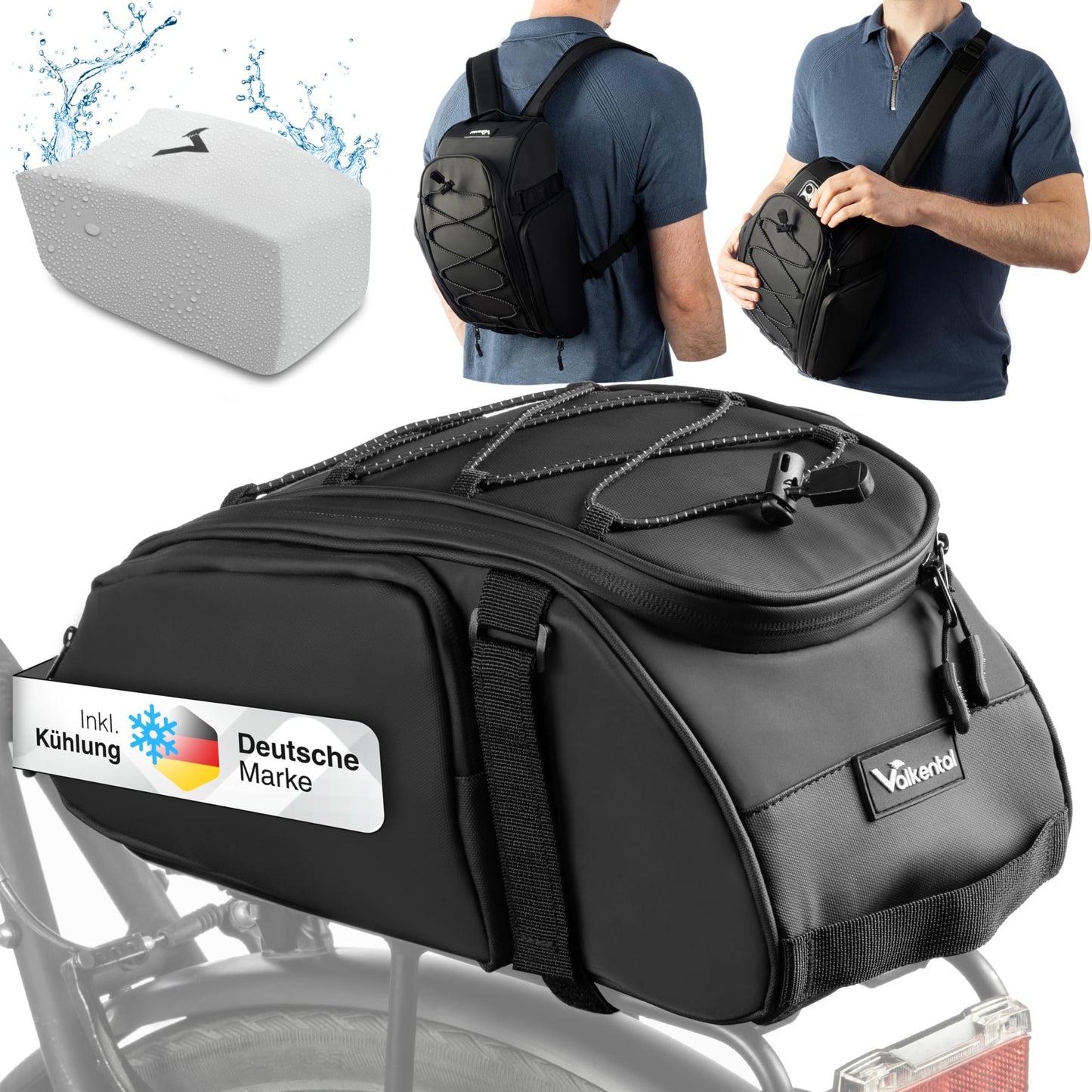Valkental - 3in1 bike bag for luggage rack with cooling function - 10L volume - Insulating luggage rack bag with backpack function - Waterproof & Reflective