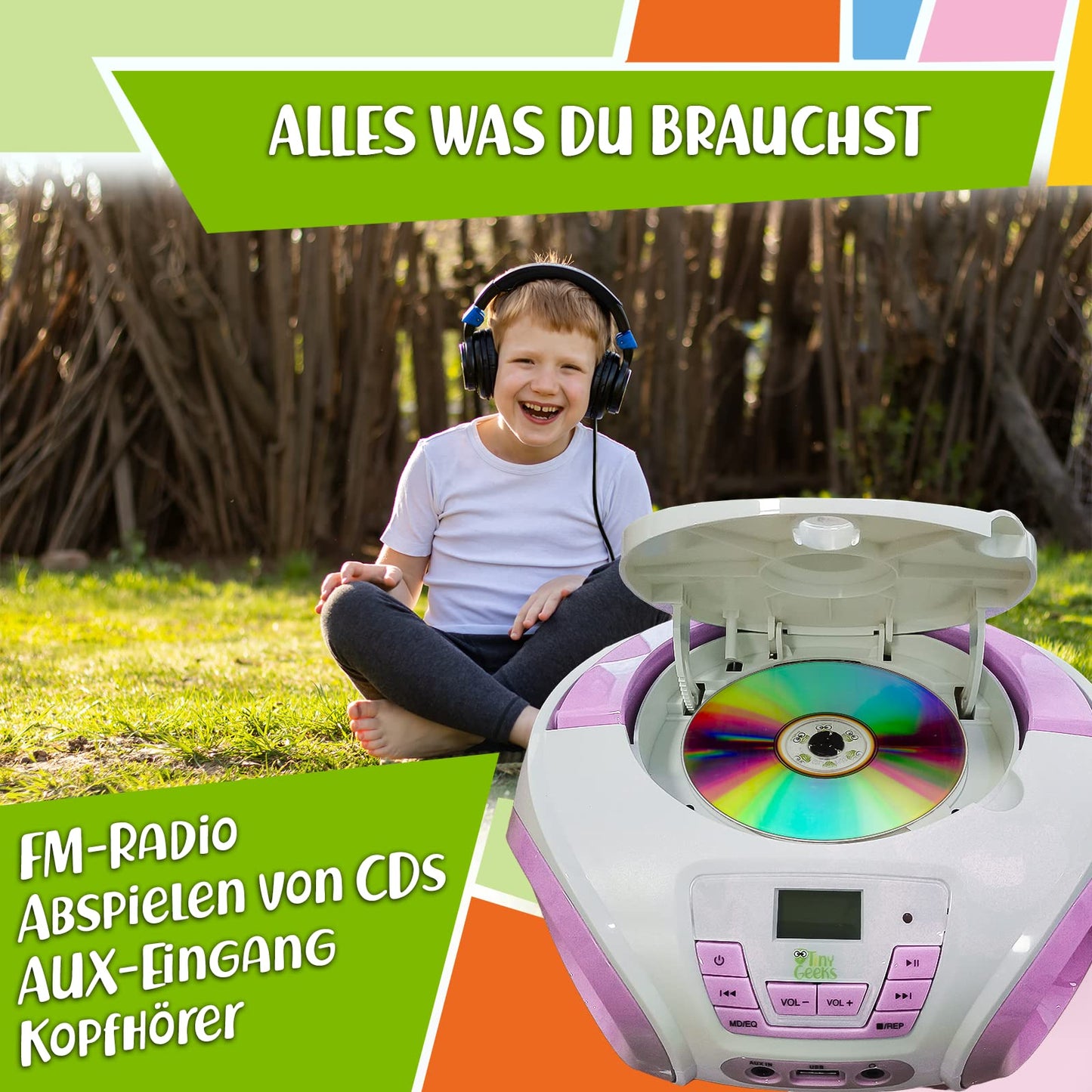 TinyGeeks Tunes Kids Boombox CD Player for Children NEW + FM Radio + Includes Batteries + Pink Radio - with Speakers Children and Toddlers - Pink