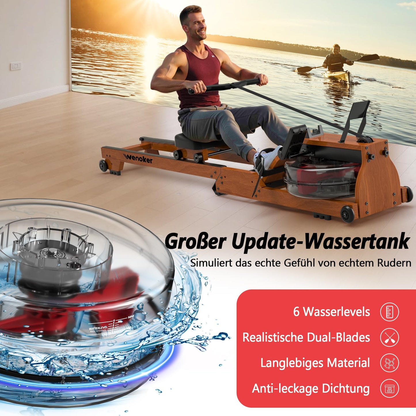 Wenoker Home Water Rowing Machine made of solid wood, foldable rowing machine with Bluetooth display, high-quality wood construction, double slide rails, max weight capacity of 150kg.