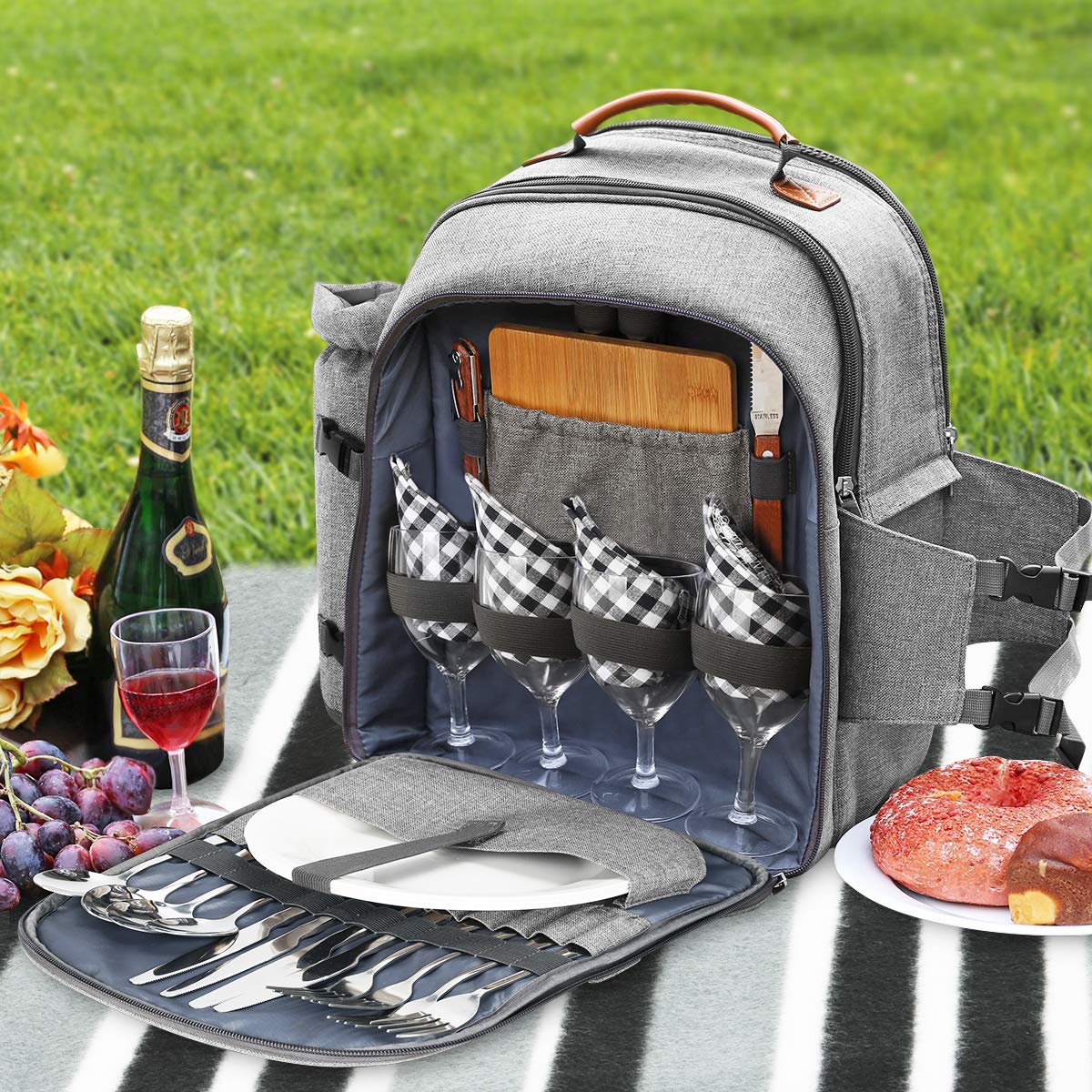 Sunflora Picnic Backpack Set for 4 with Insulated Cooling and Blanket, Picnic Basket for 4 People for Camping Outdoor (Gray)