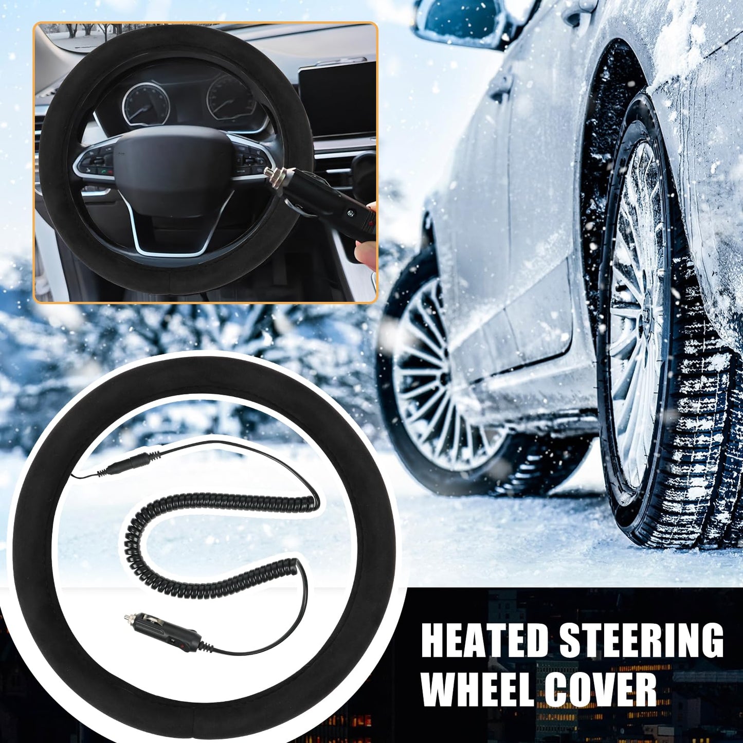 Opaltool Heated Steering Wheel Cover, Universal 12V Car Steering Wheel Heater with Spring Wire for 14.5 in-15 in Steering Wheel, Car Steering Wheel Warmer Winter for Most Cars SUVs Trucks Vans (Black)